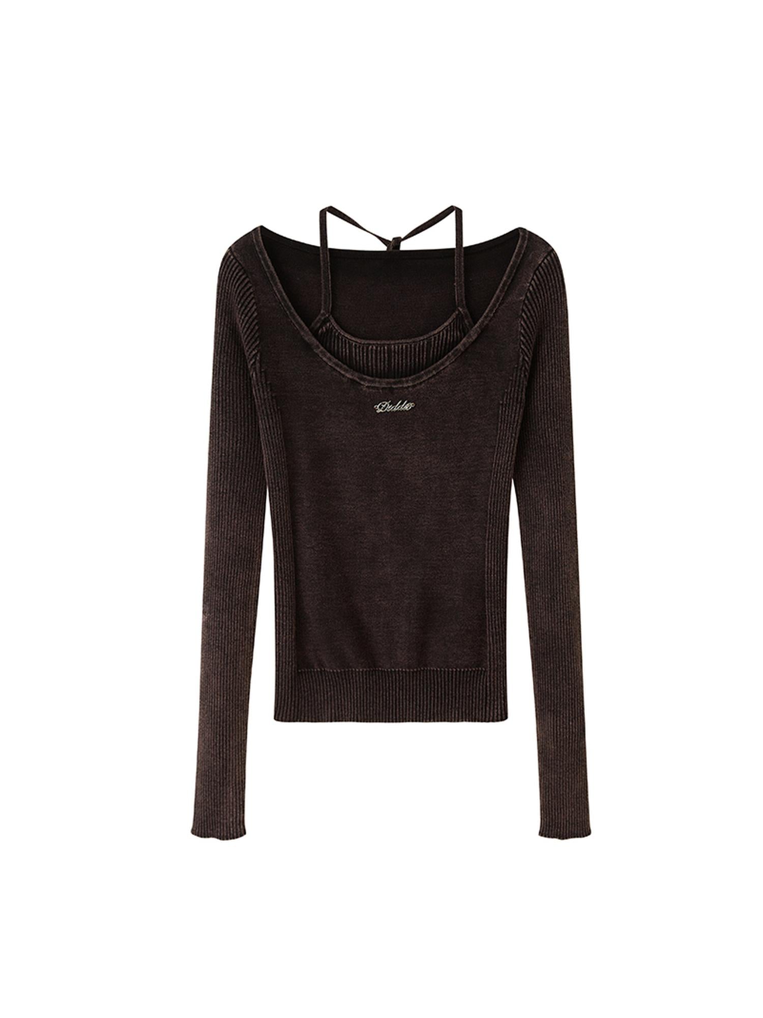DIDDI MODA Vintage Washed Knit Mock Neck Layered Top