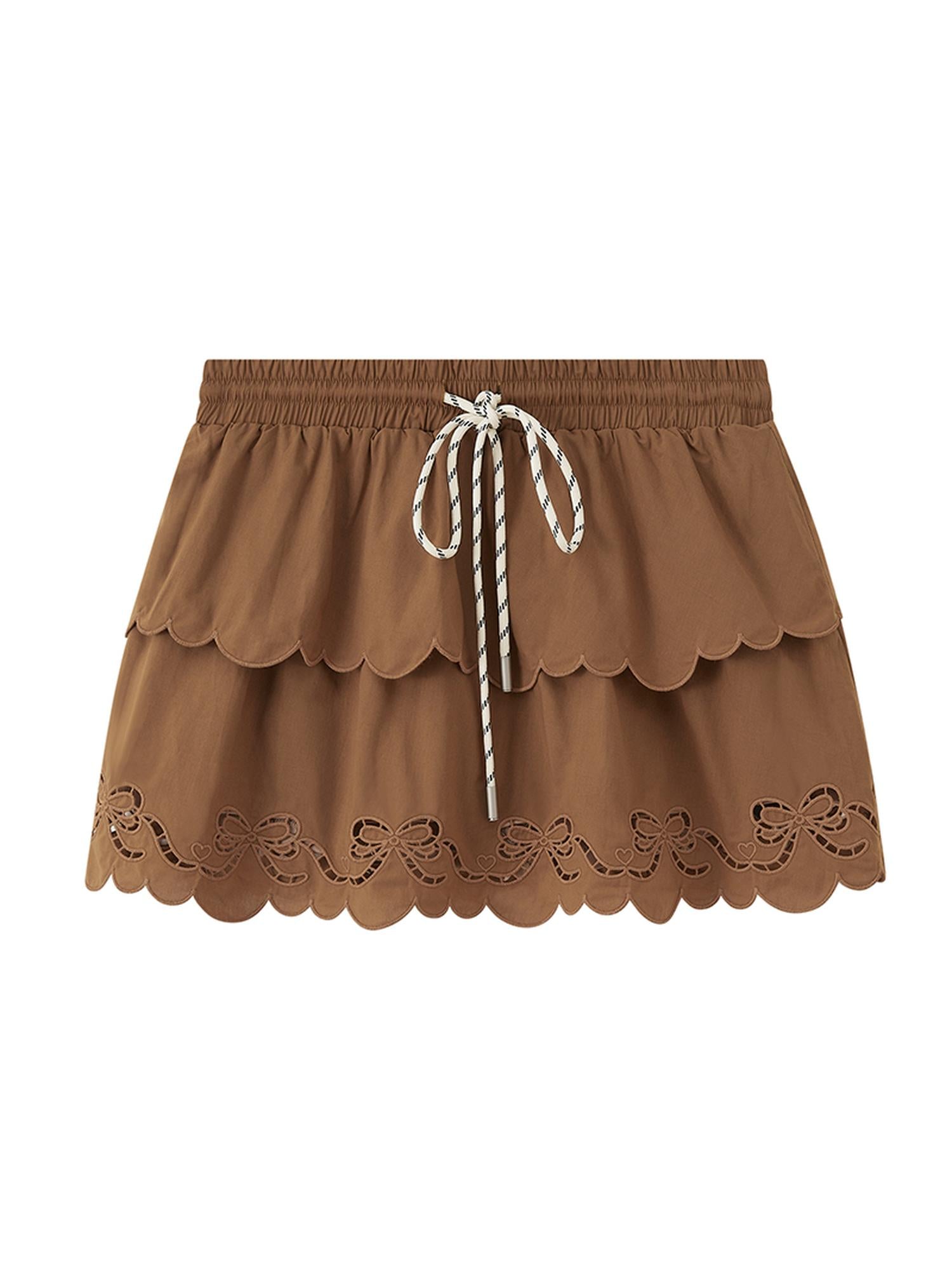 DIDDI MODA Layered Lace Bow Trimmed Hollow Out Cotton Midi Skirt