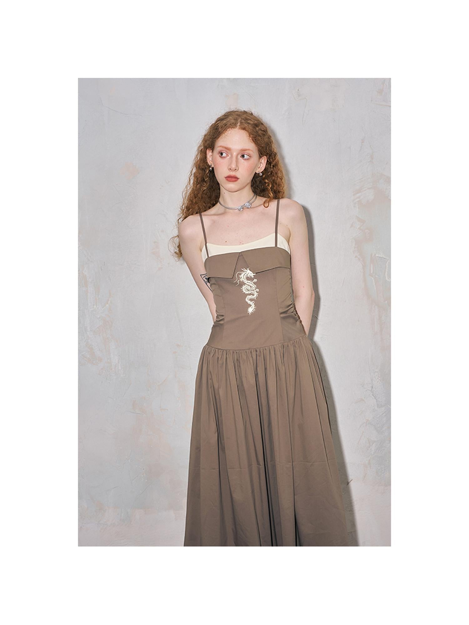 DIDDI MODA Dragon Print Fold Front Colorblock Maxi Dress