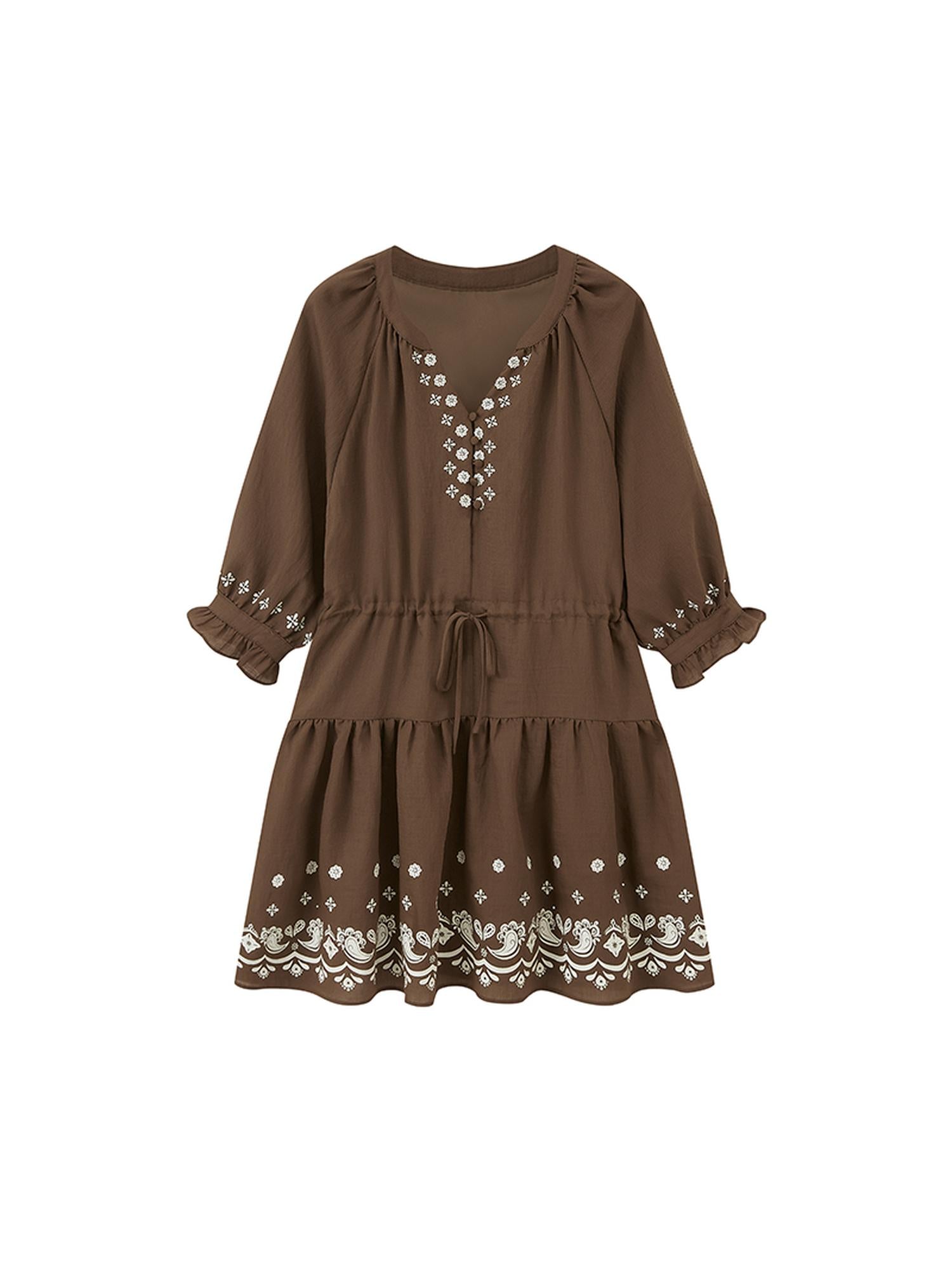 DIDDI MODA Bohemian Print Drawstring Dress Lace Trim Pants Set