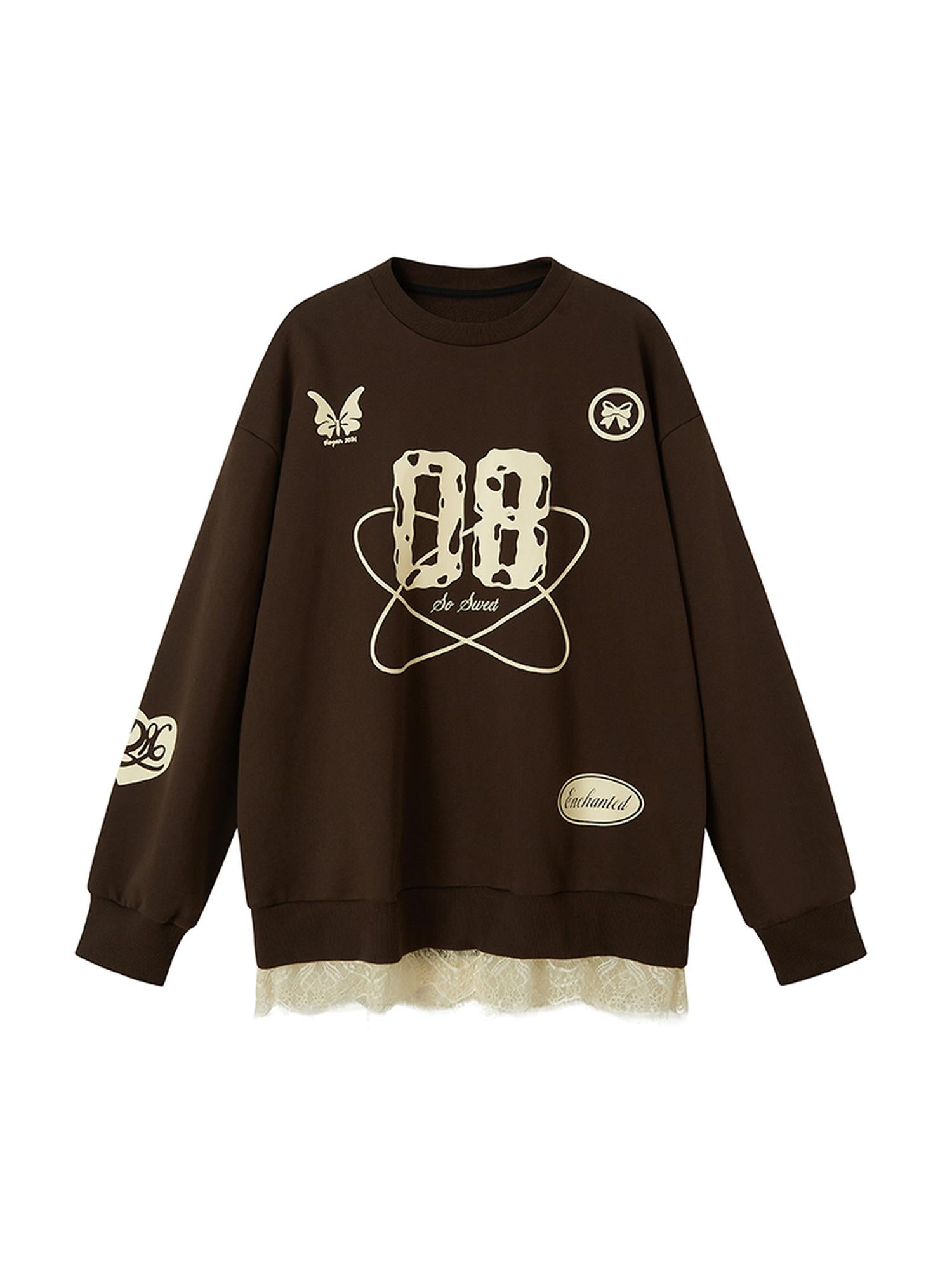 DIDDI MODA Sporty Bow Patch Colorblock Set Graphic Lace Trim Hoodie