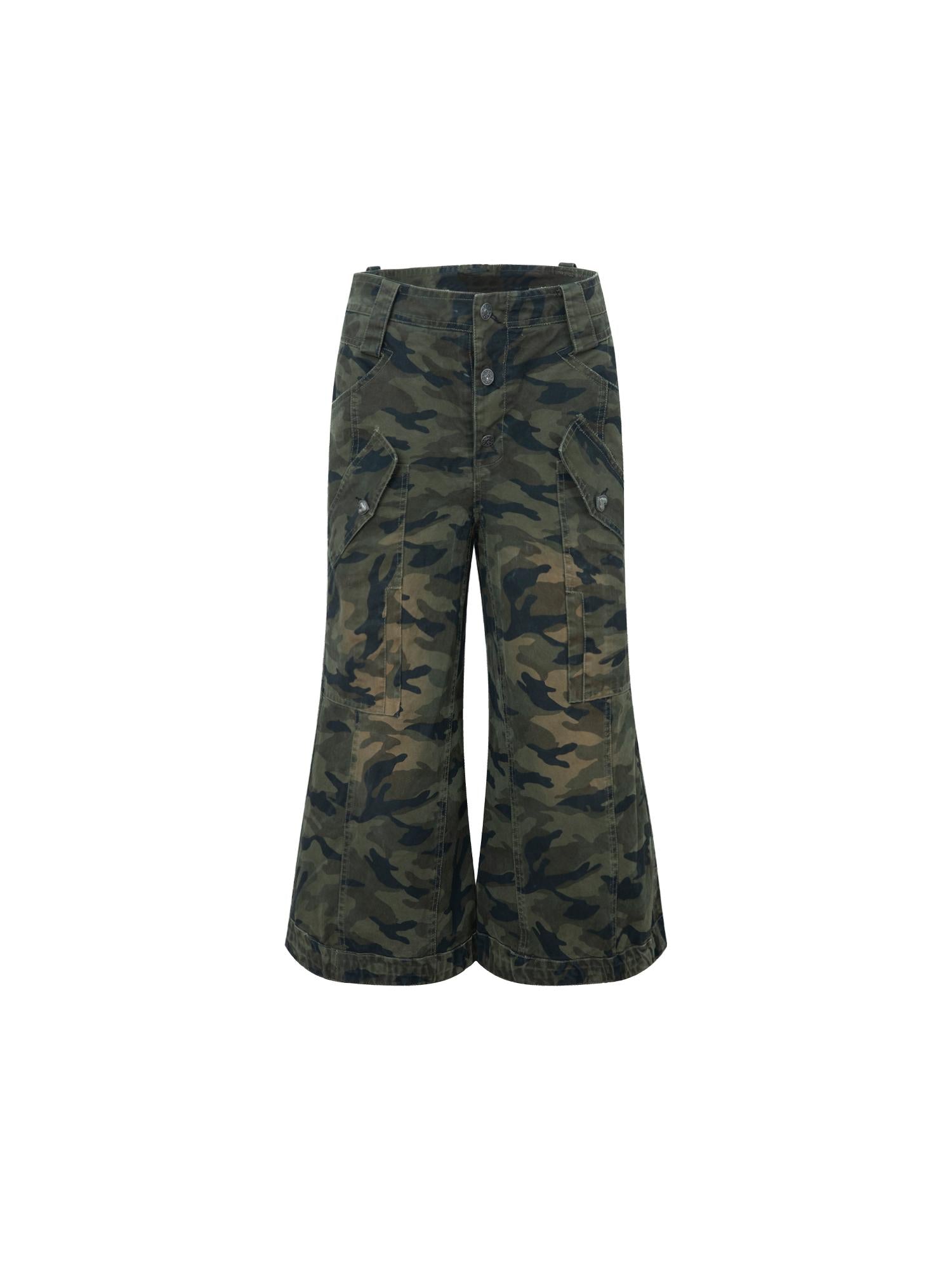 DoublePunch Vintage Camo Cargo Capri Pants Low Rise Distressed Wide Leg Trousers