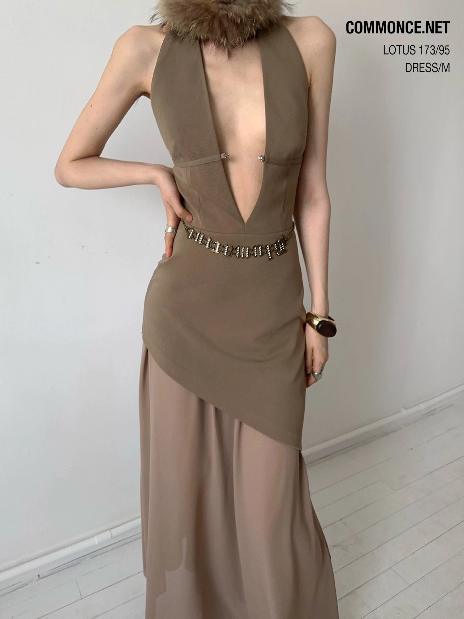 Deep V Asymmetrical Hem Textured Patchwork Dress