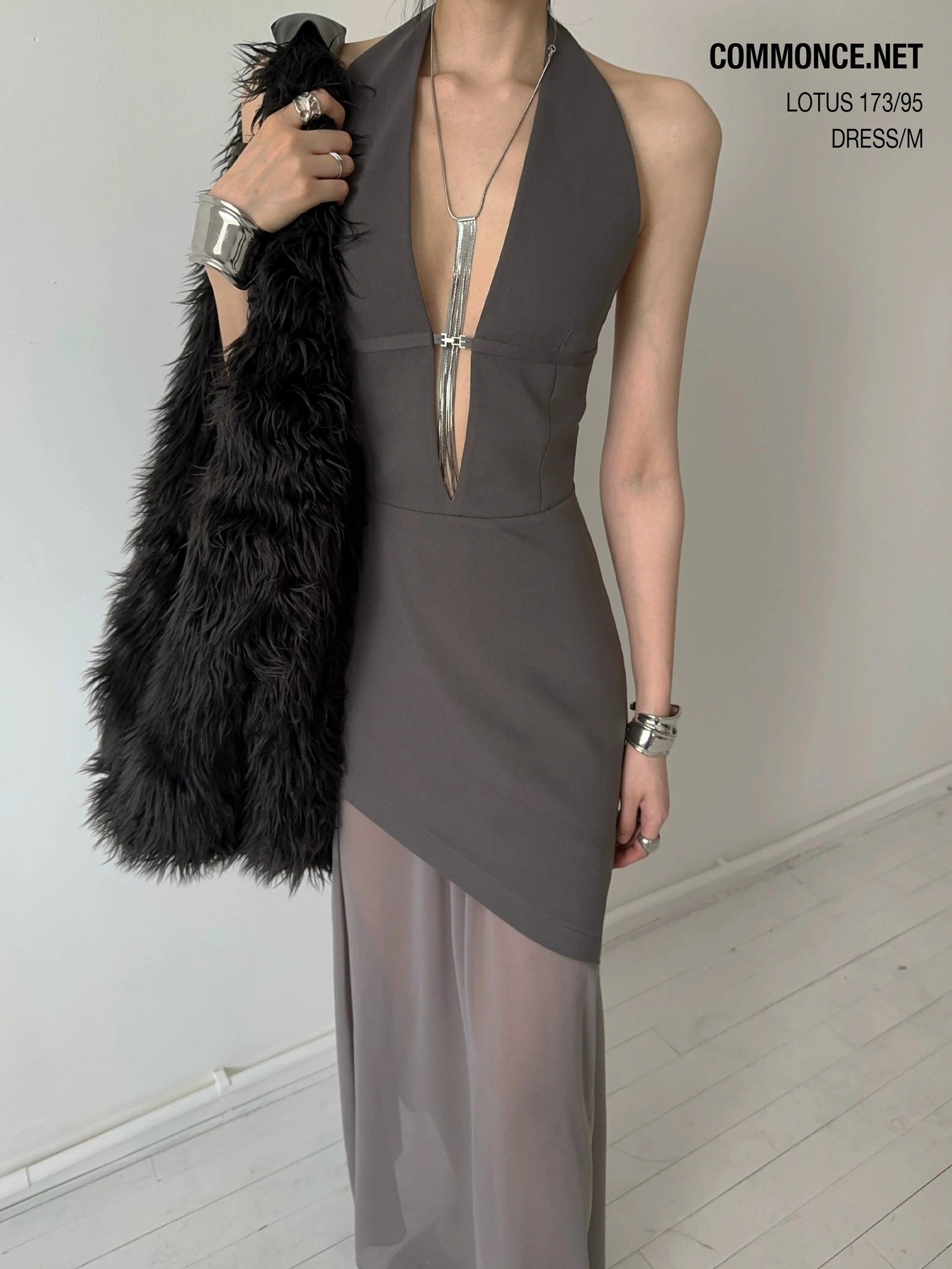 Deep V Asymmetrical Hem Textured Patchwork Dress