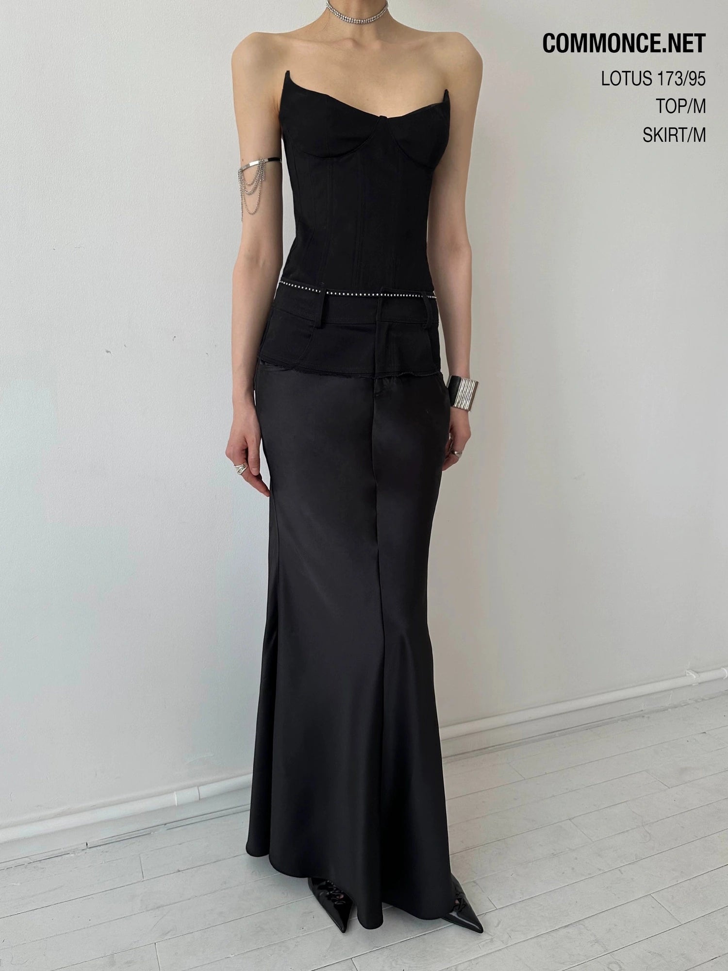 Raw Edge Twill Satin Paneled Midi Skirt With Metal Snaps