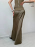 Raw Edge Twill Satin Paneled Midi Skirt With Metal Snaps
