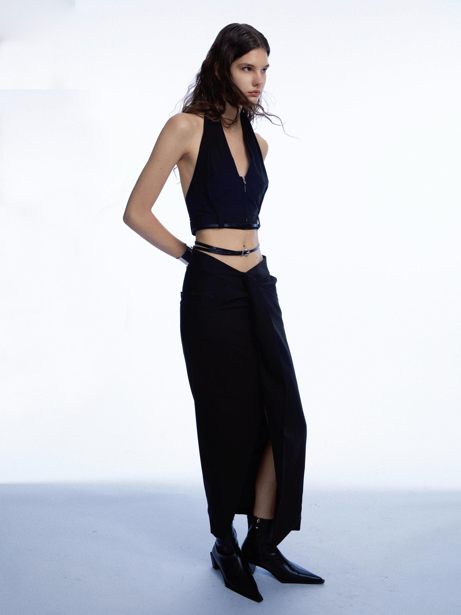 commonce.net Adjustable Belted Asymmetrical Slit Maxi Skirt