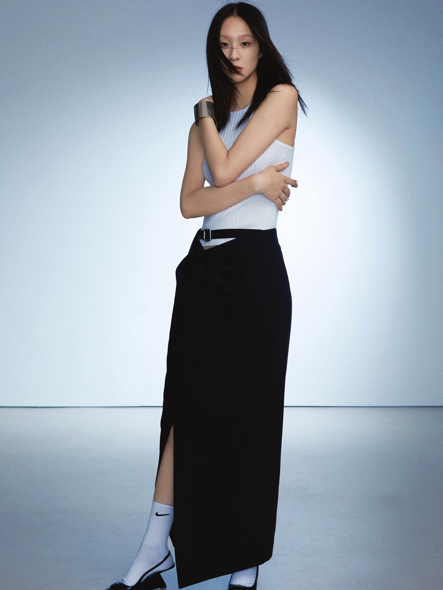 commonce.net Adjustable Belted Asymmetrical Slit Maxi Skirt