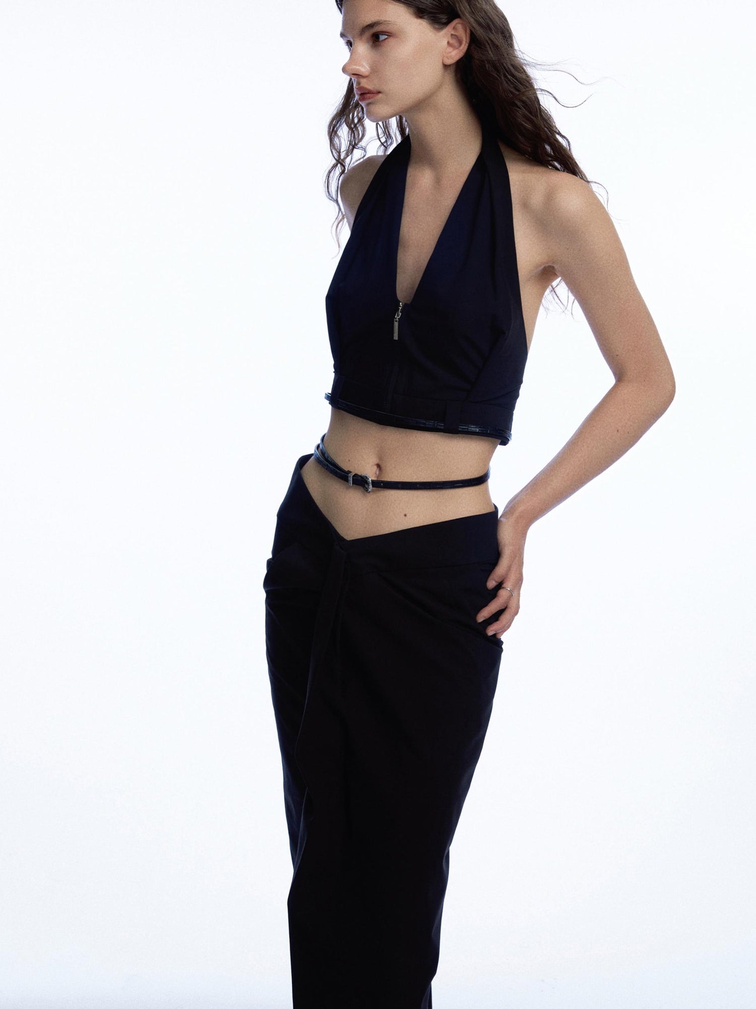 commonce.net Adjustable Belted Asymmetrical Slit Maxi Skirt