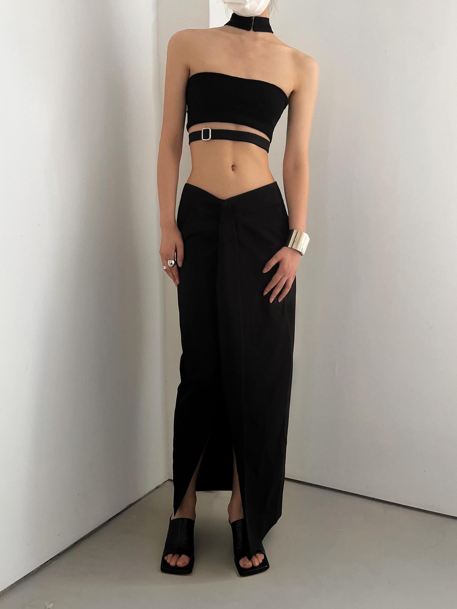 commonce.net Adjustable Belted Asymmetrical Slit Maxi Skirt
