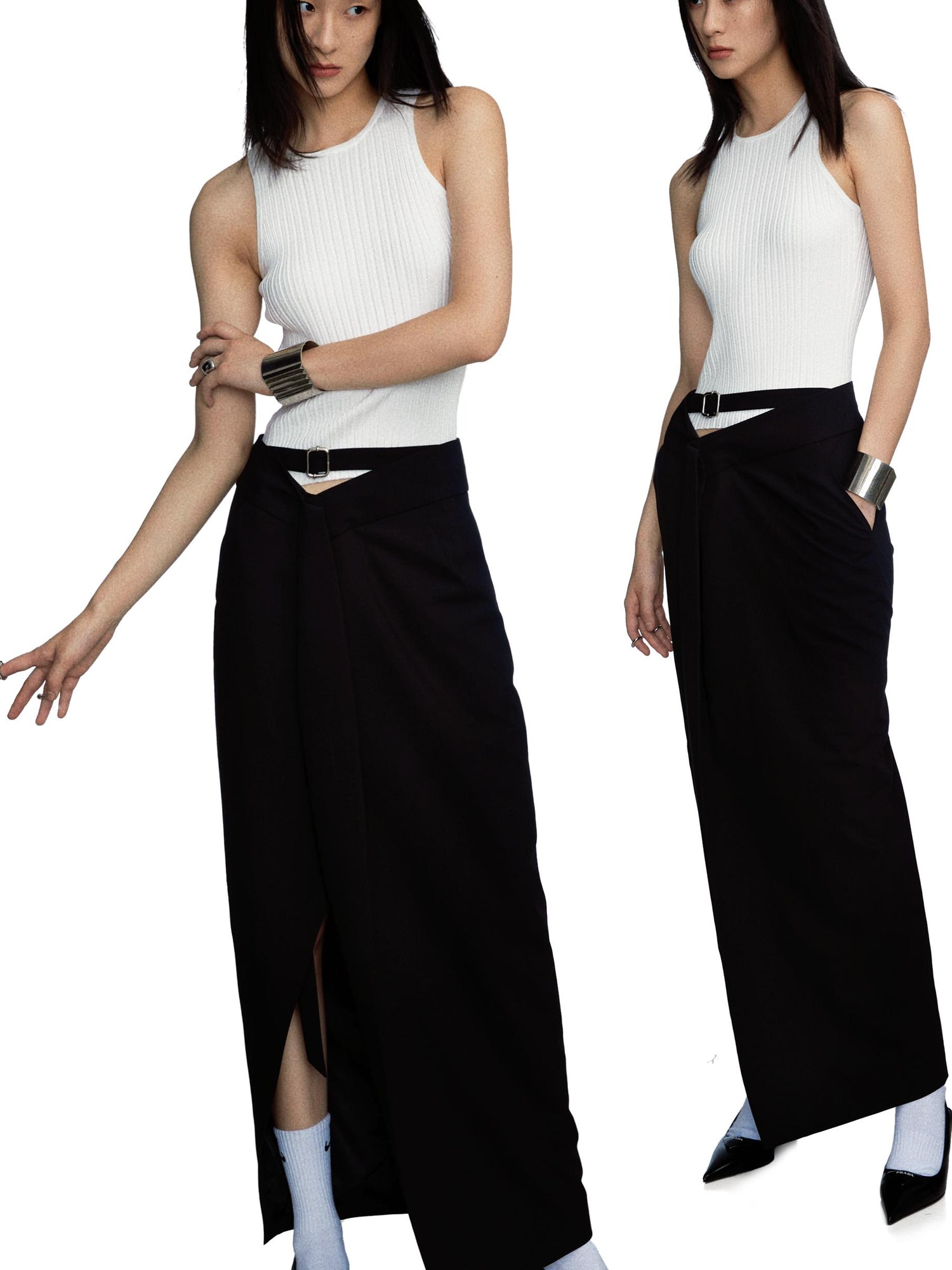 commonce.net Adjustable Belted Asymmetrical Slit Maxi Skirt
