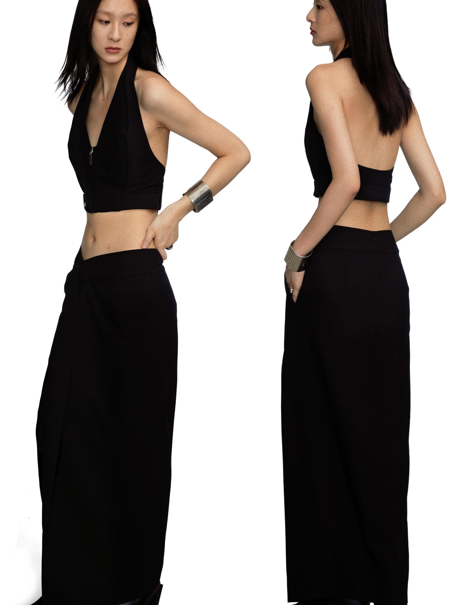commonce.net Adjustable Belted Asymmetrical Slit Maxi Skirt