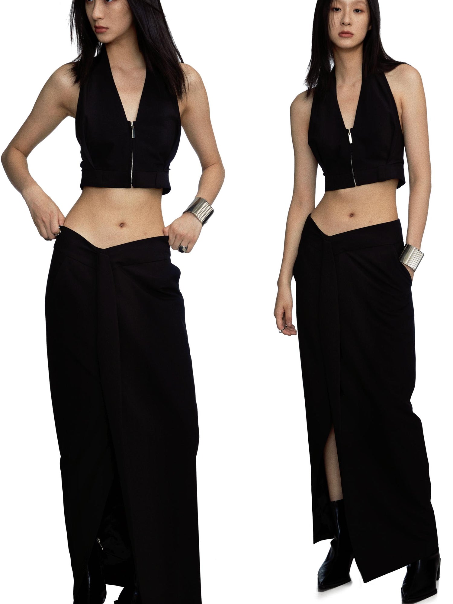 commonce.net Adjustable Belted Asymmetrical Slit Maxi Skirt