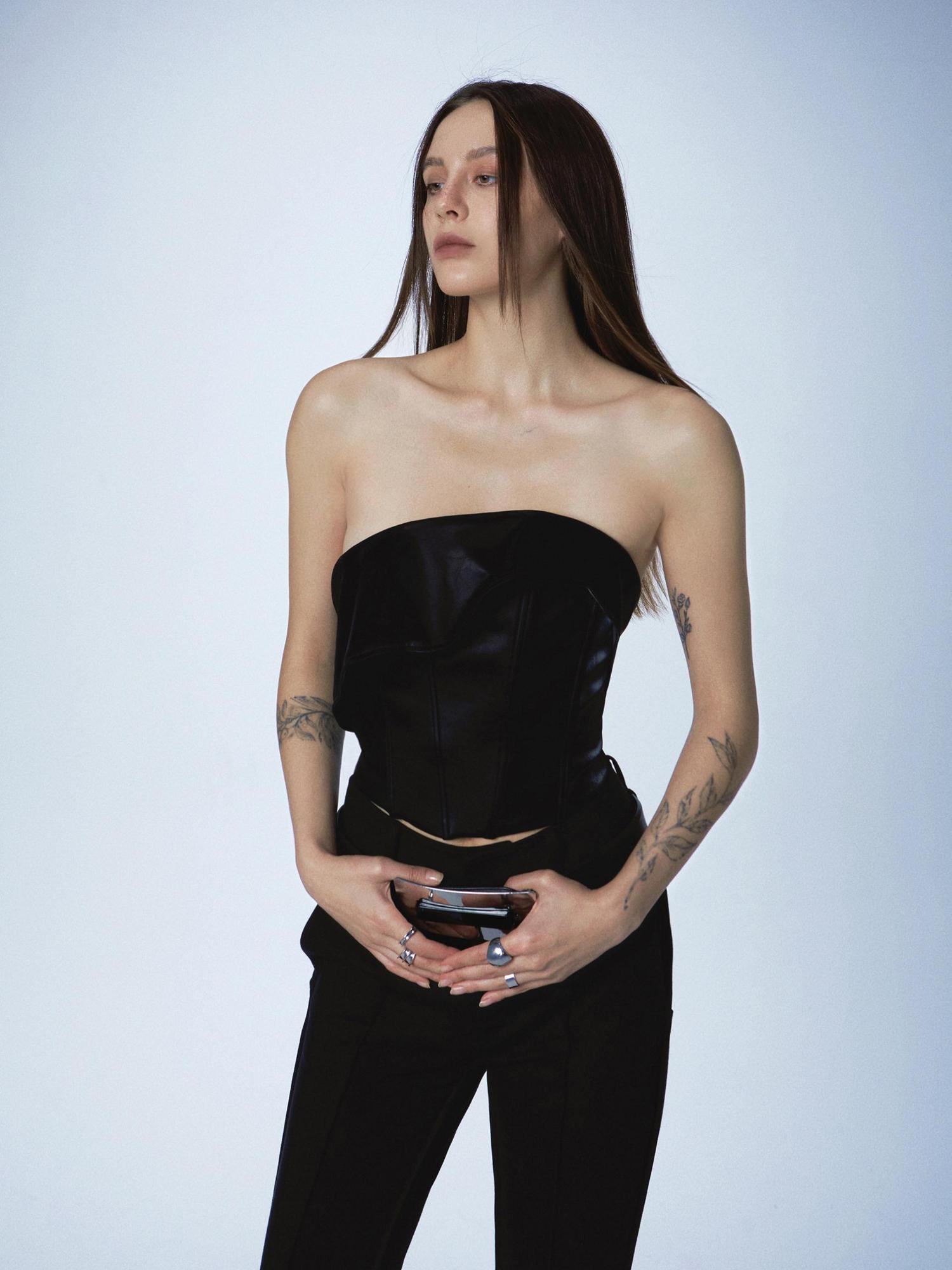 Asymmetric Boned Leather Corset Tube Top