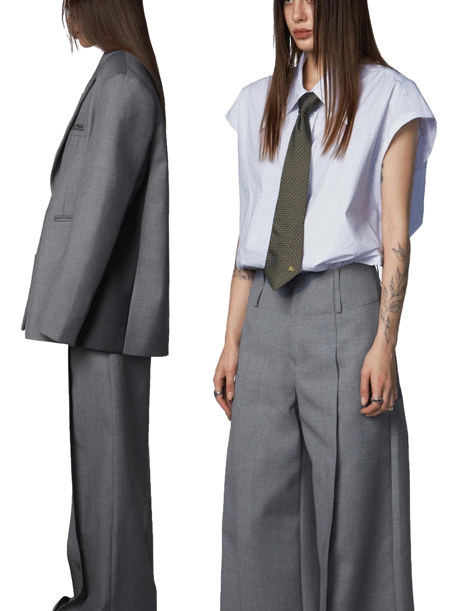 Gray Double Waist Pleated Wide Leg Trousers