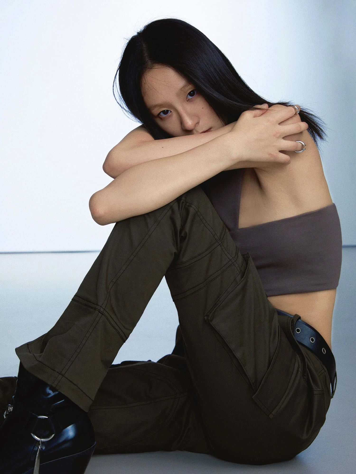 Military Green Low Waist Trousers With Slit And 3D Pockets