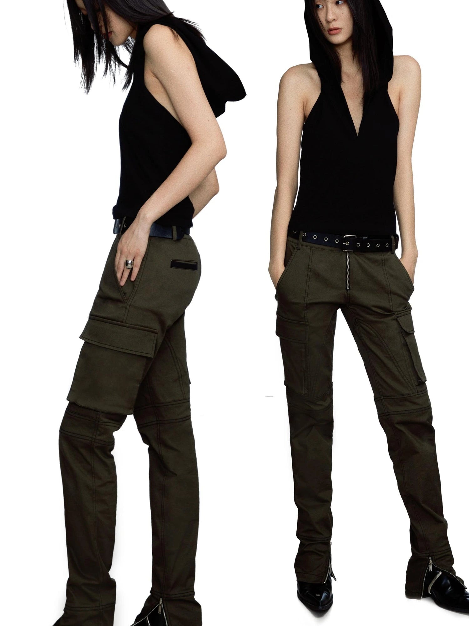 Military Green Low Waist Trousers With Slit And 3D Pockets