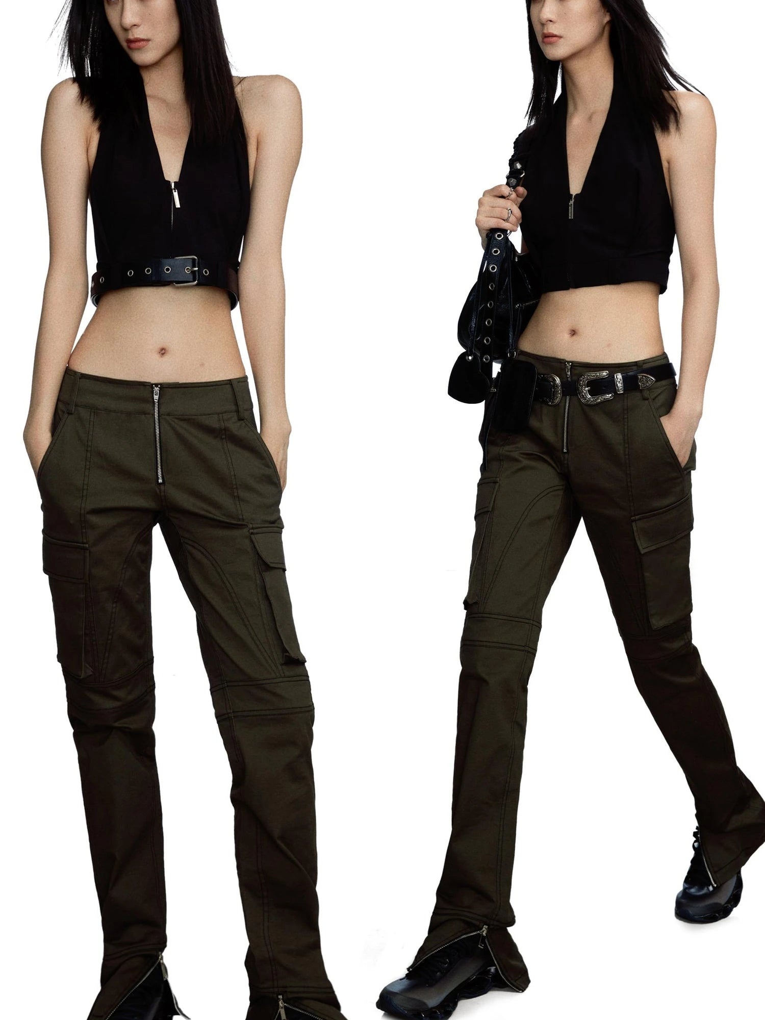 Military Green Low Waist Trousers With Slit And 3D Pockets