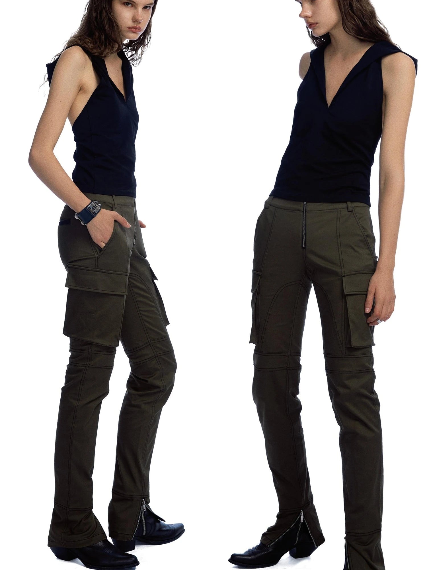 Military Green Low Waist Trousers With Slit And 3D Pockets