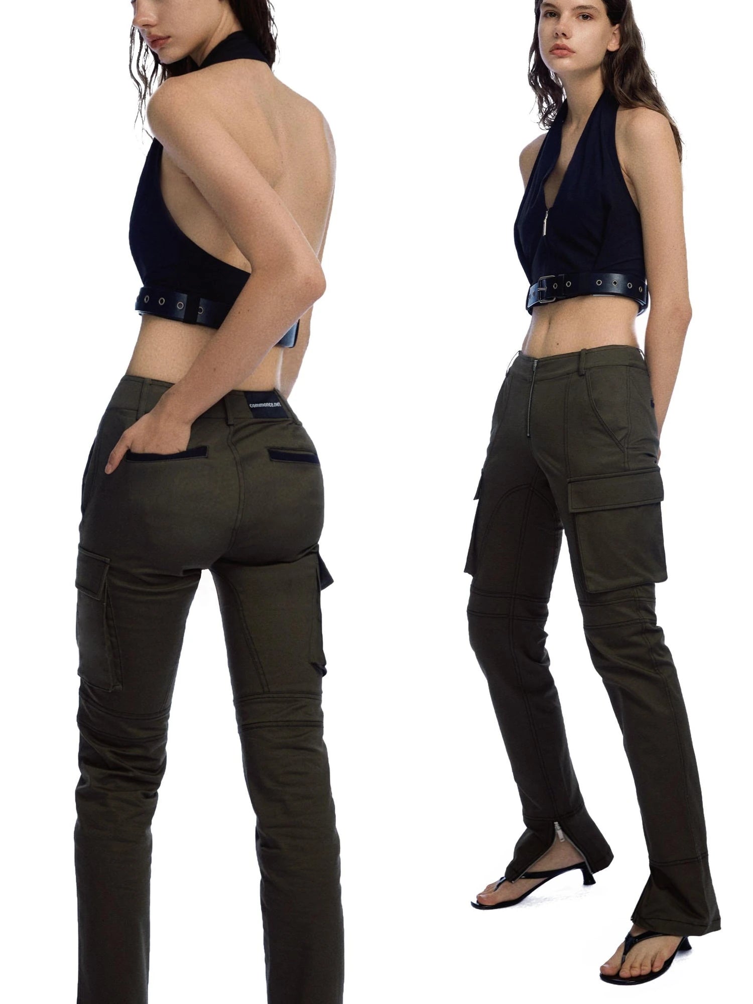 Military Green Low Waist Trousers With Slit And 3D Pockets