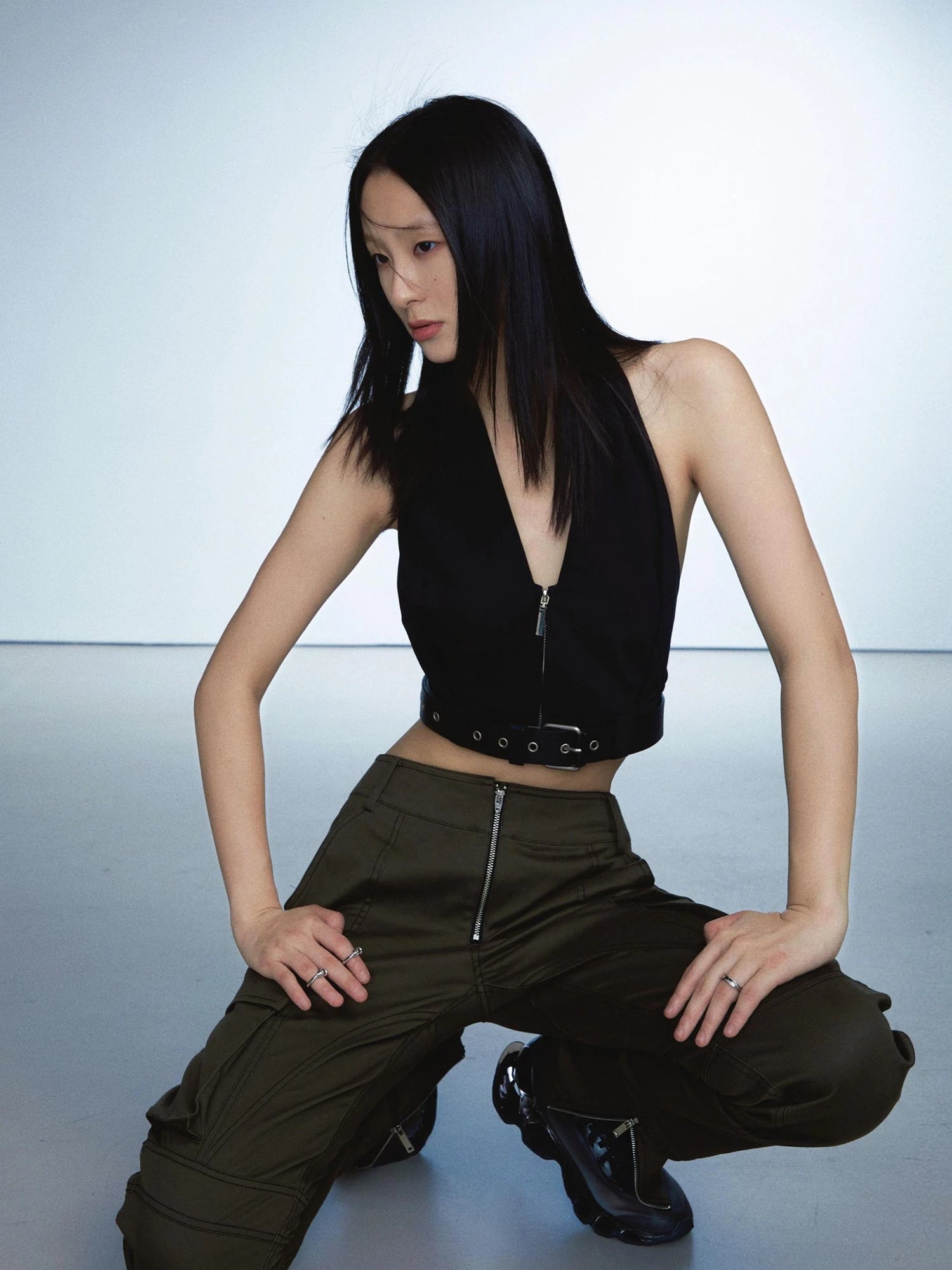 Military Green Low Waist Trousers With Slit And 3D Pockets