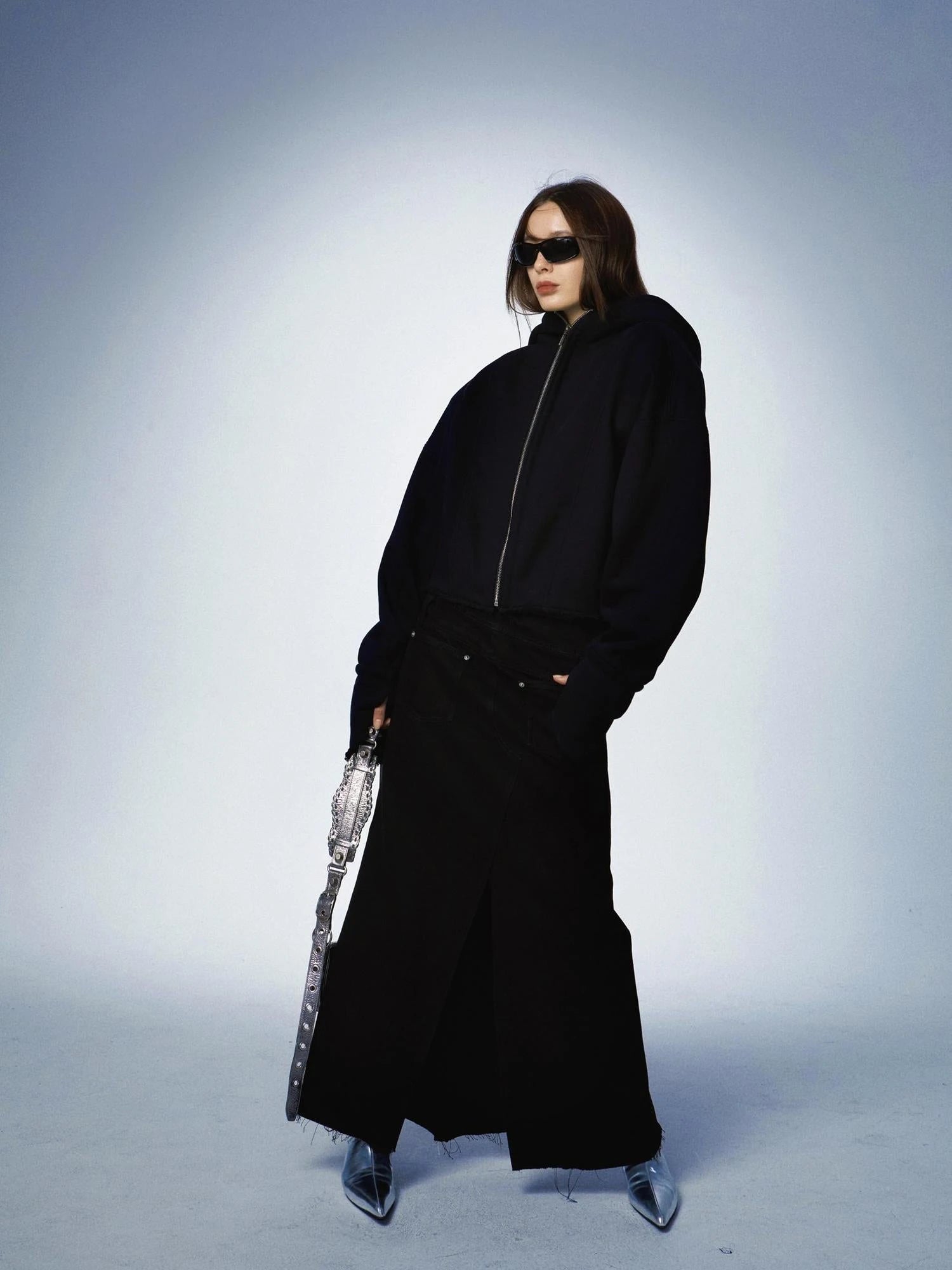 Oversized Black Zip Hoodie With Raw Edges And Shoulder Pads