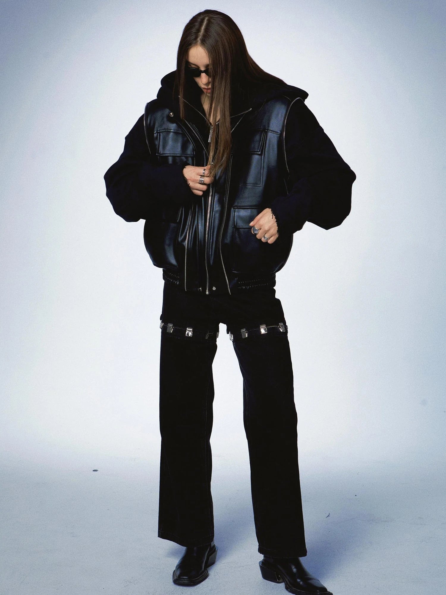 Oversized Black Zip Hoodie With Raw Edges And Shoulder Pads