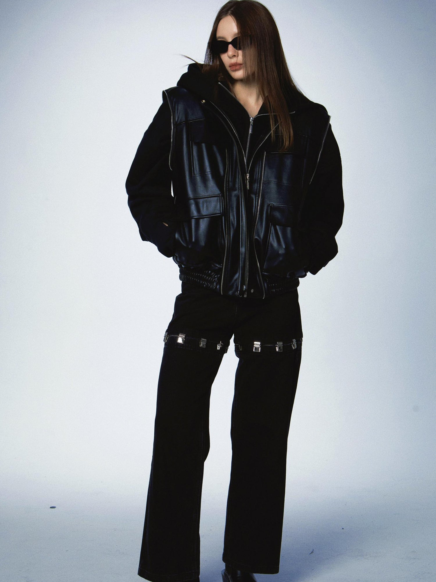 commonce.net Oversized Black Zip Hoodie With Raw Edges And Shoulder Pads