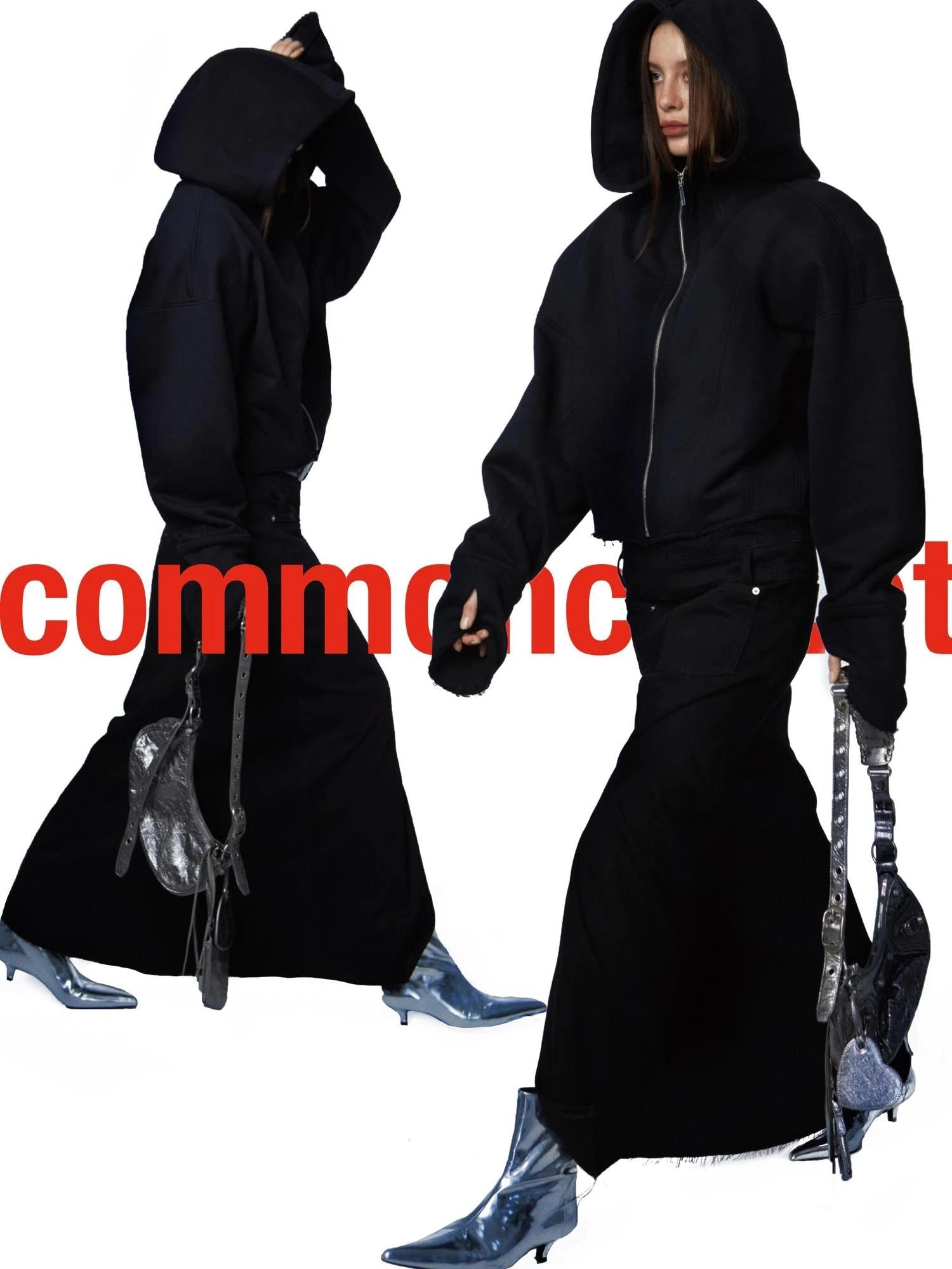 Oversized Black Zip Hoodie With Raw Edges And Shoulder Pads