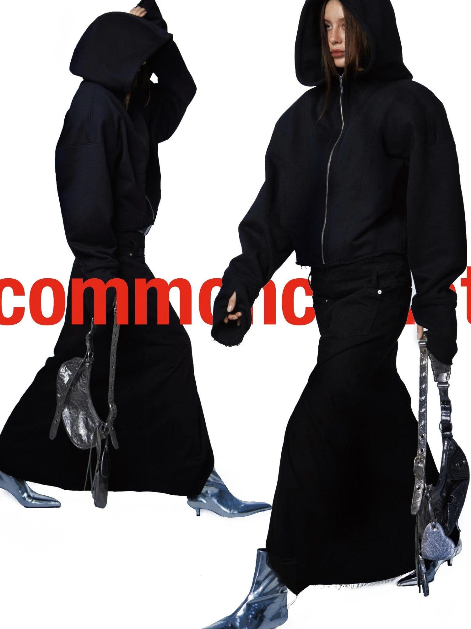 Oversized Black Zip Hoodie With Raw Edges And Shoulder Pads