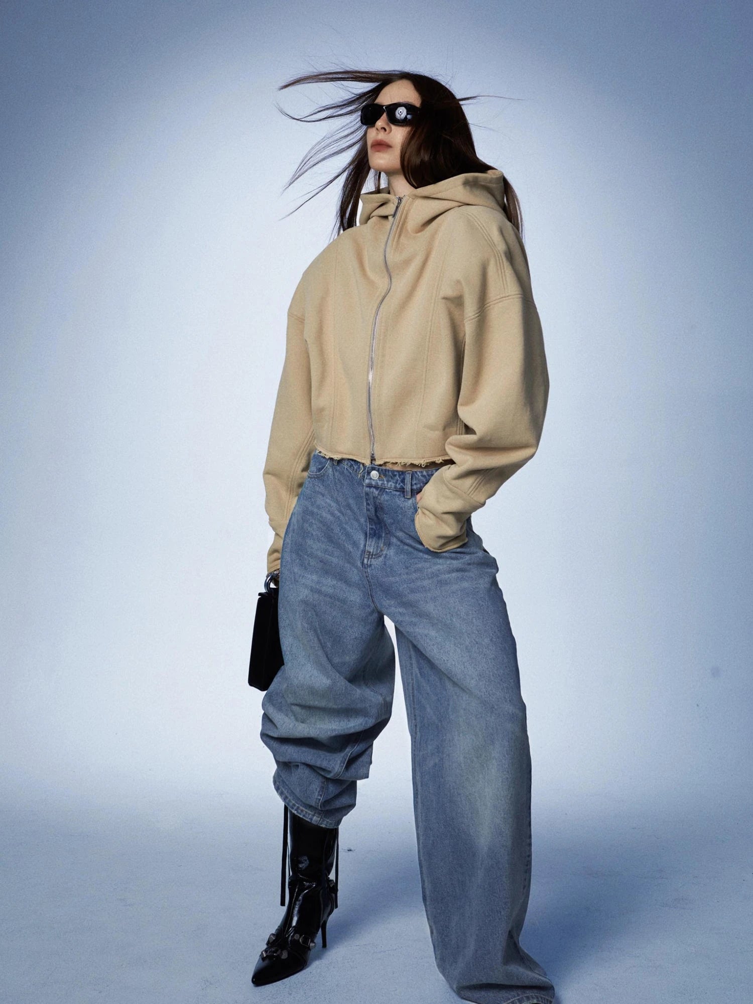 Oversized Zip Hoodie With Ragged Hem And Shoulder Pads In Khaki