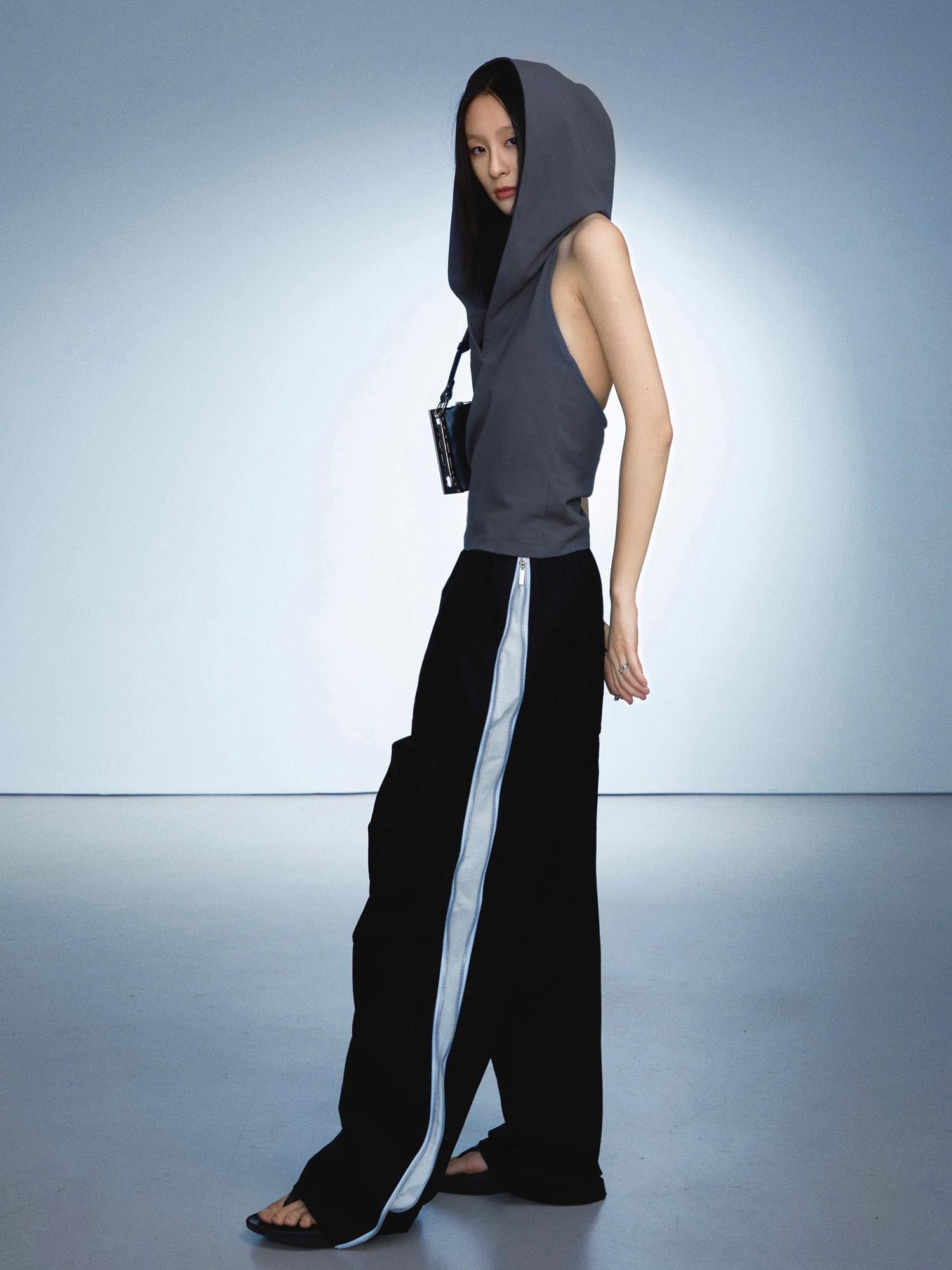 commonce.net Side Zipper Contrast Cargo Pants With Elastic Waist And Wide Leg