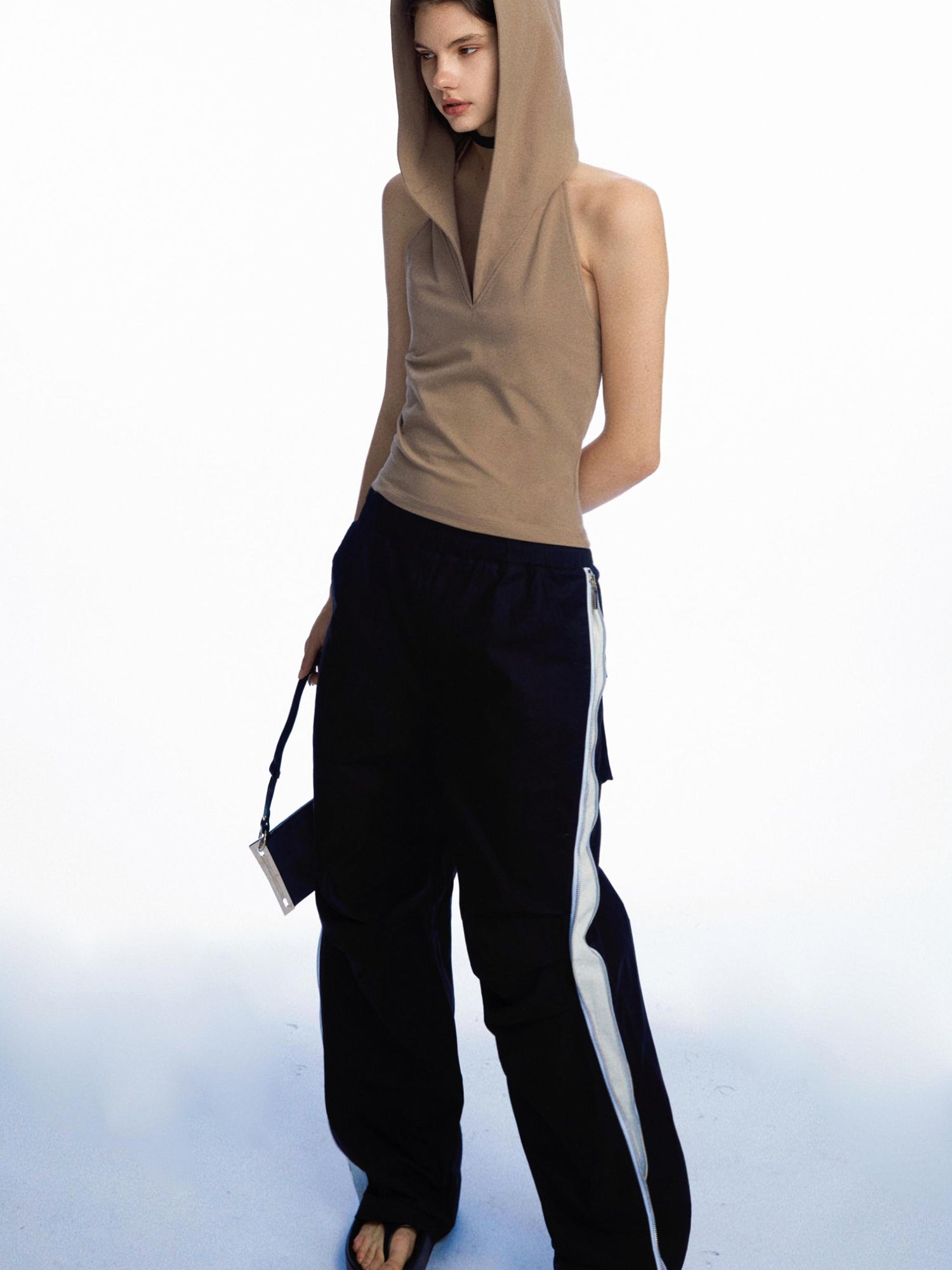 commonce.net Side Zipper Contrast Cargo Pants With Elastic Waist And Wide Leg