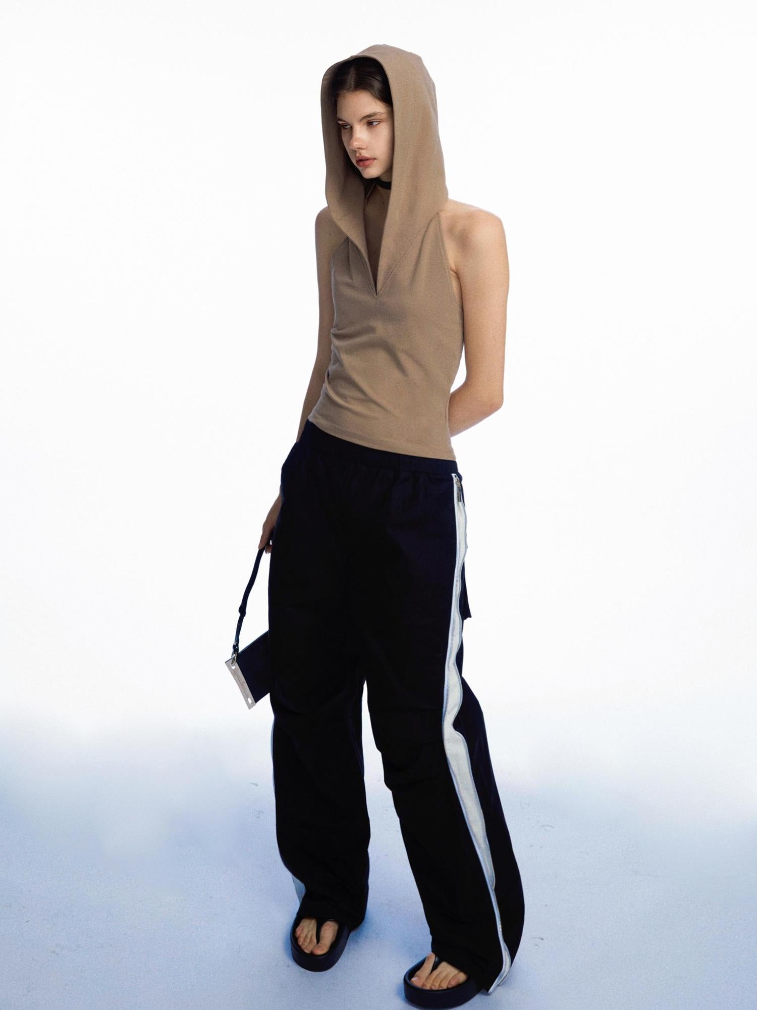 commonce.net Side Zipper Contrast Cargo Pants With Elastic Waist And Wide Leg