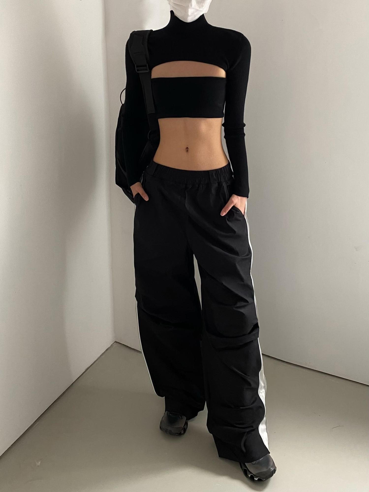 commonce.net Side Zipper Contrast Cargo Pants With Elastic Waist And Wide Leg