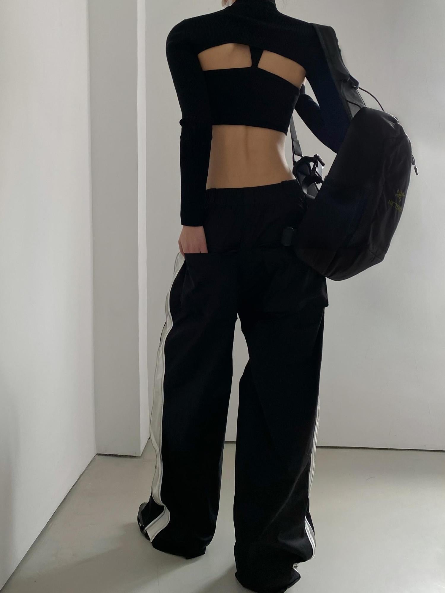 commonce.net Side Zipper Contrast Cargo Pants With Elastic Waist And Wide Leg