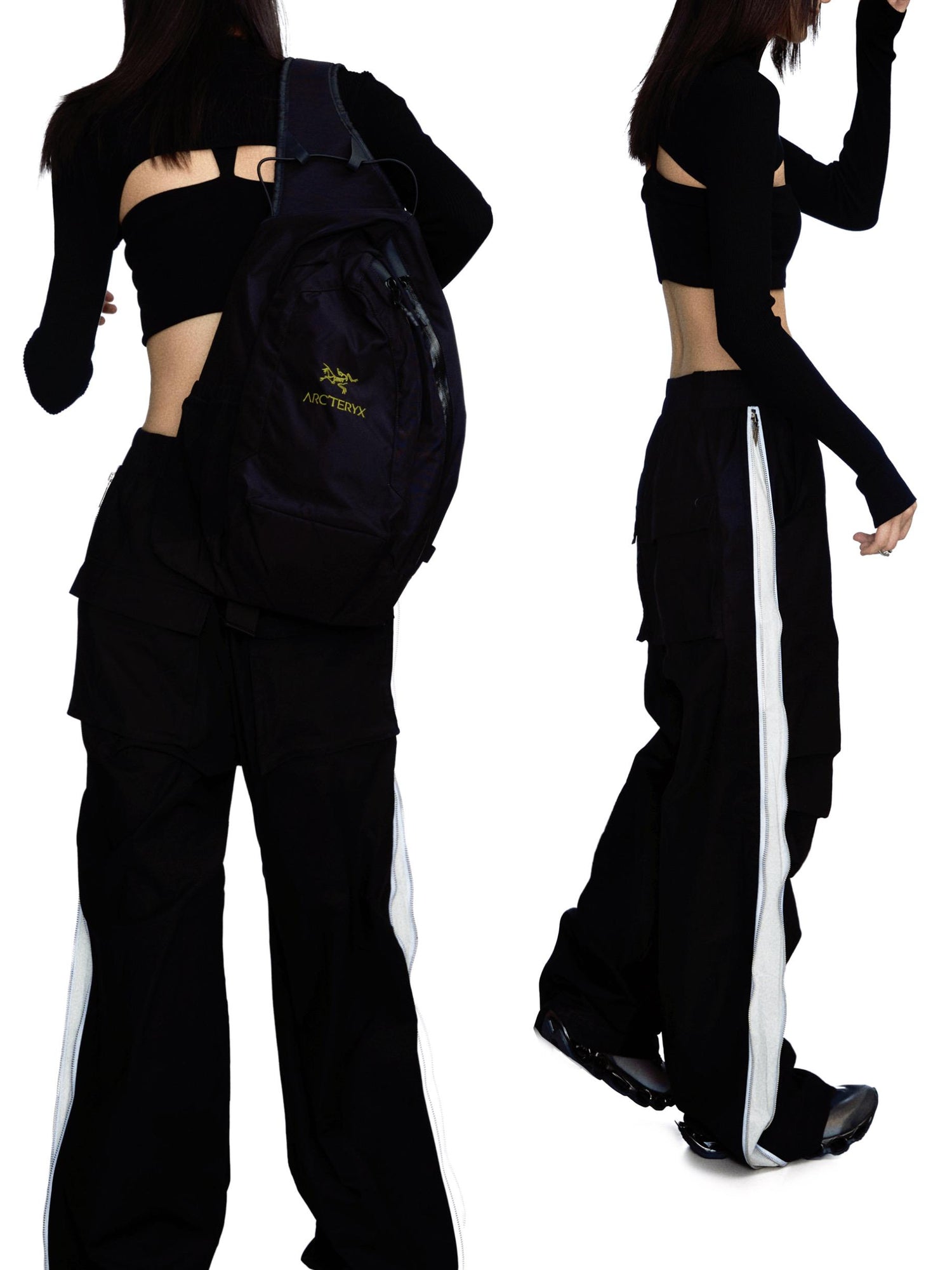 commonce.net Side Zipper Contrast Cargo Pants With Elastic Waist And Wide Leg