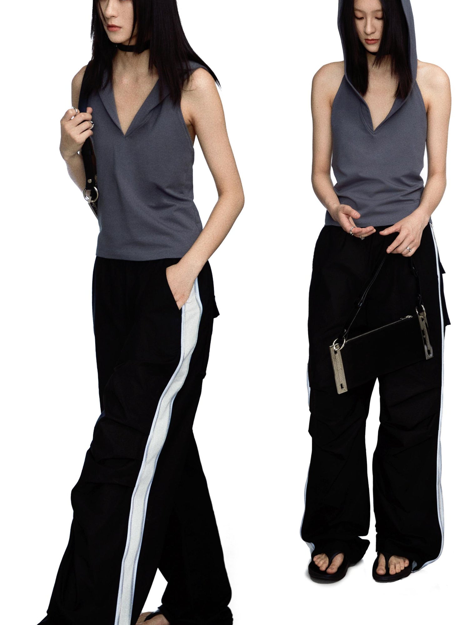 commonce.net Side Zipper Contrast Cargo Pants With Elastic Waist And Wide Leg