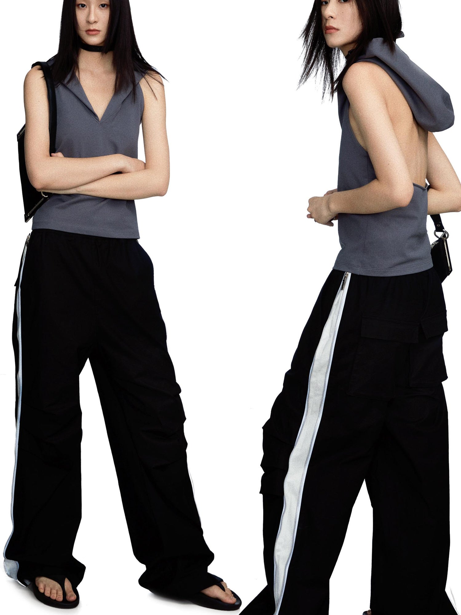 commonce.net Side Zipper Contrast Cargo Pants With Elastic Waist And Wide Leg