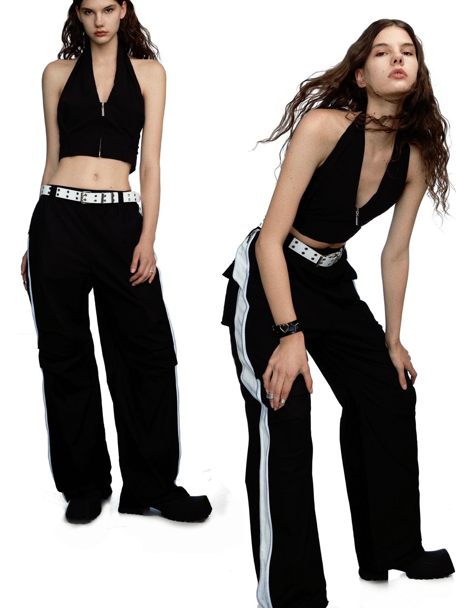 commonce.net Side Zipper Contrast Cargo Pants With Elastic Waist And Wide Leg