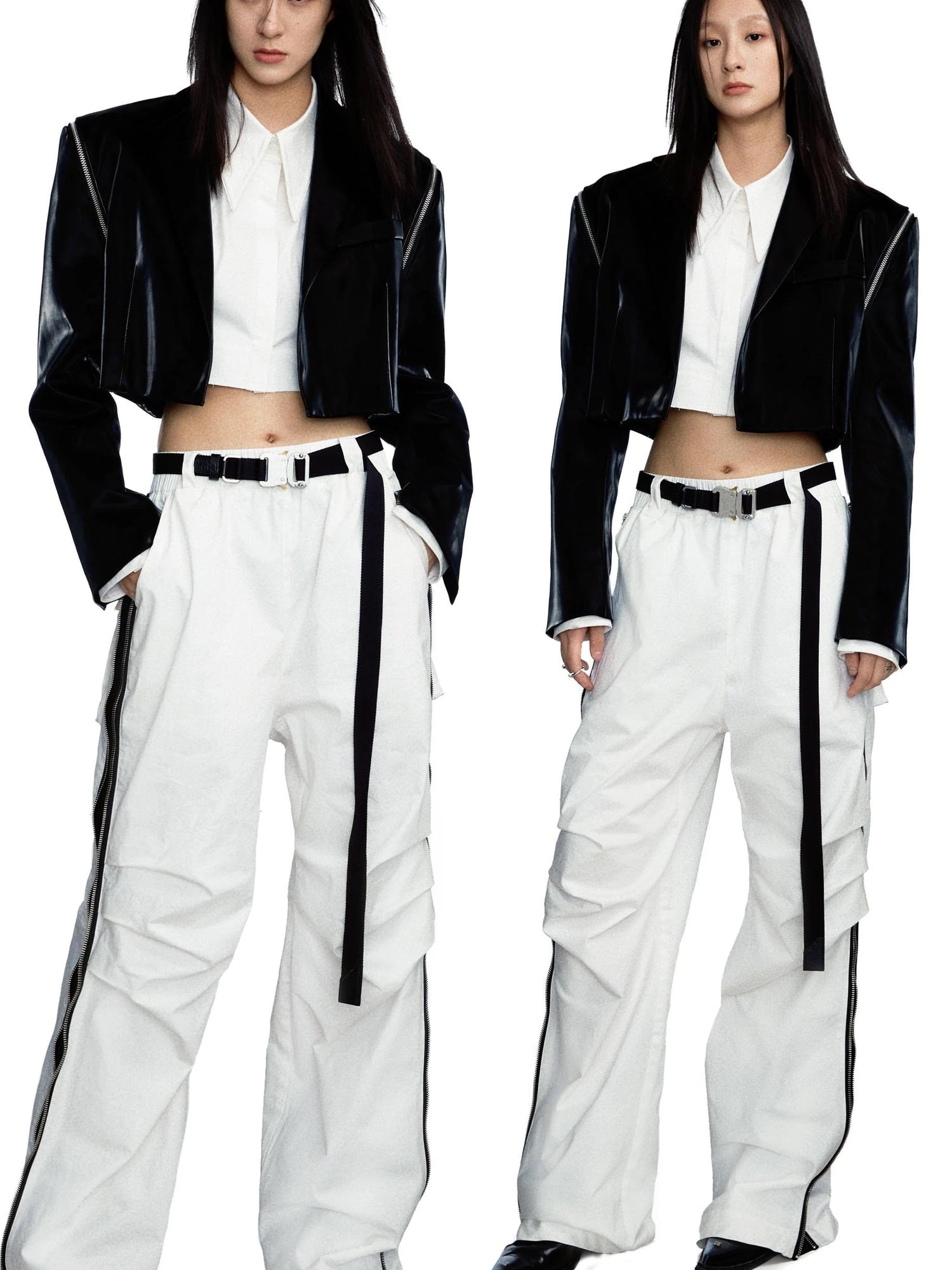 Side Zipper Contrast Panel Cargo Pants In White