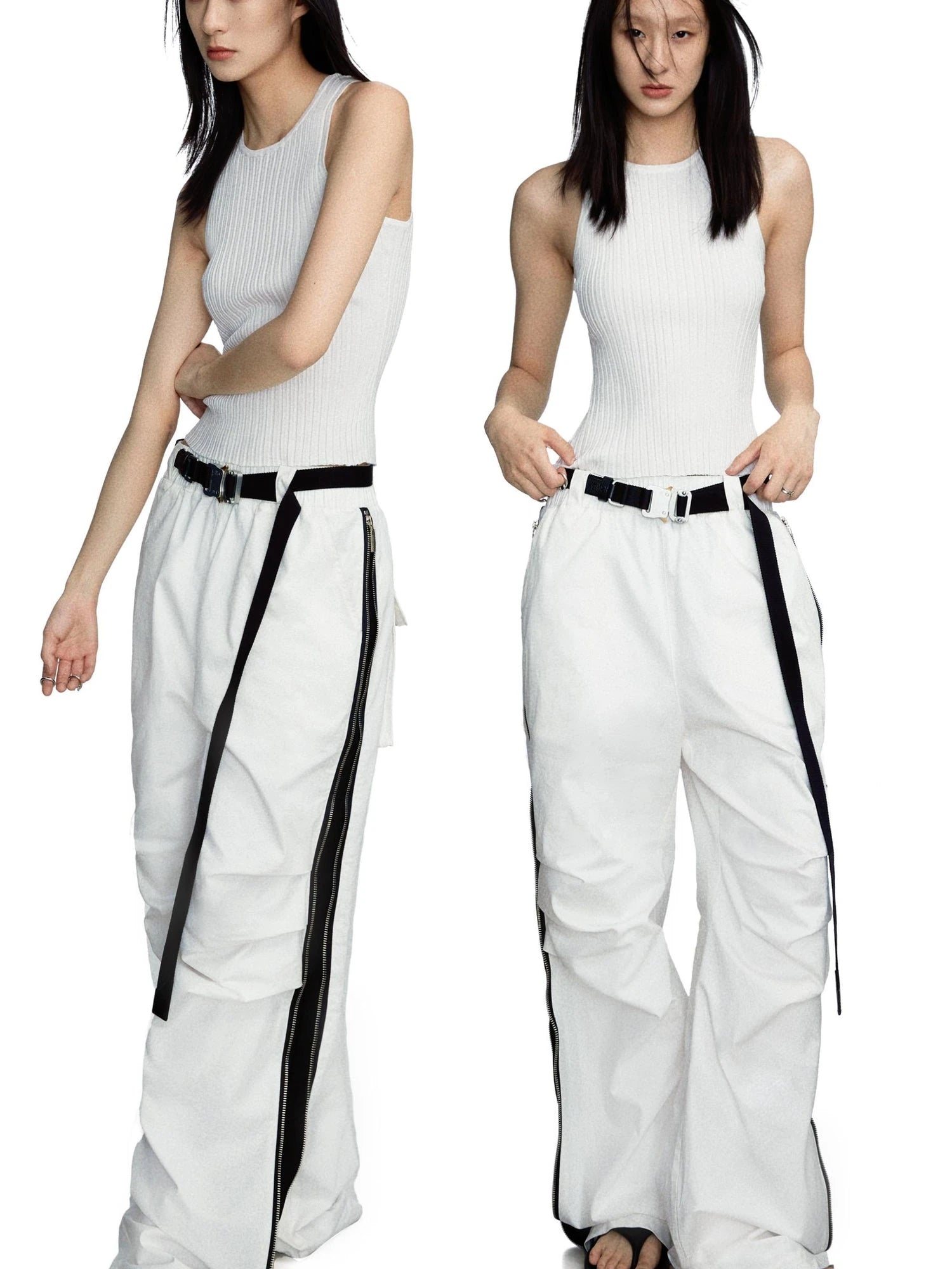 Side Zipper Contrast Panel Cargo Pants In White