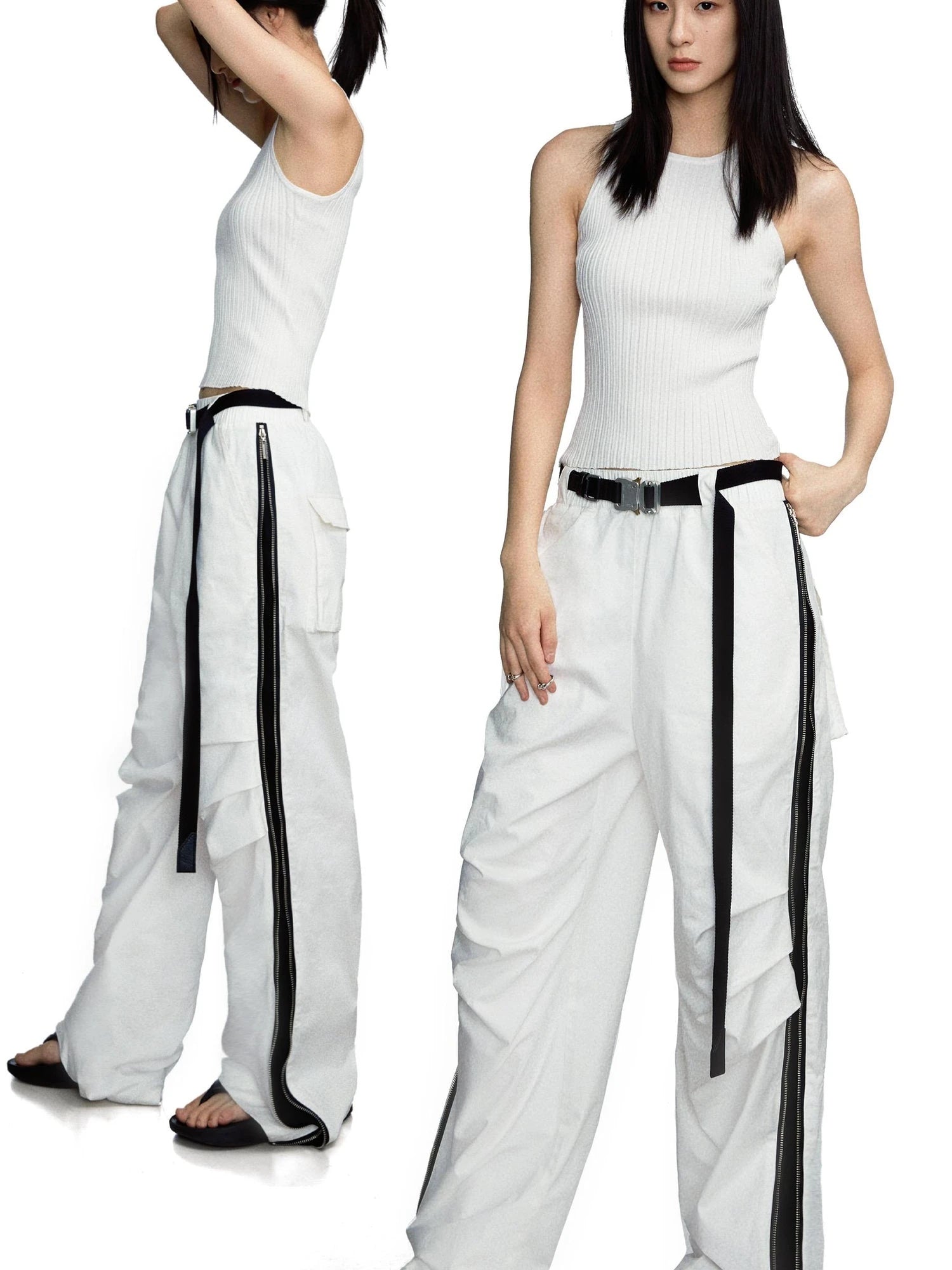 Side Zipper Contrast Panel Cargo Pants In White