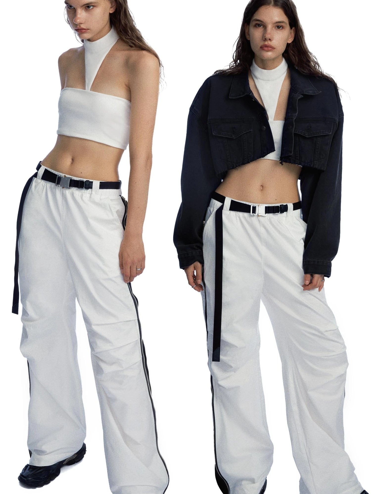 Side Zipper Contrast Panel Cargo Pants In White