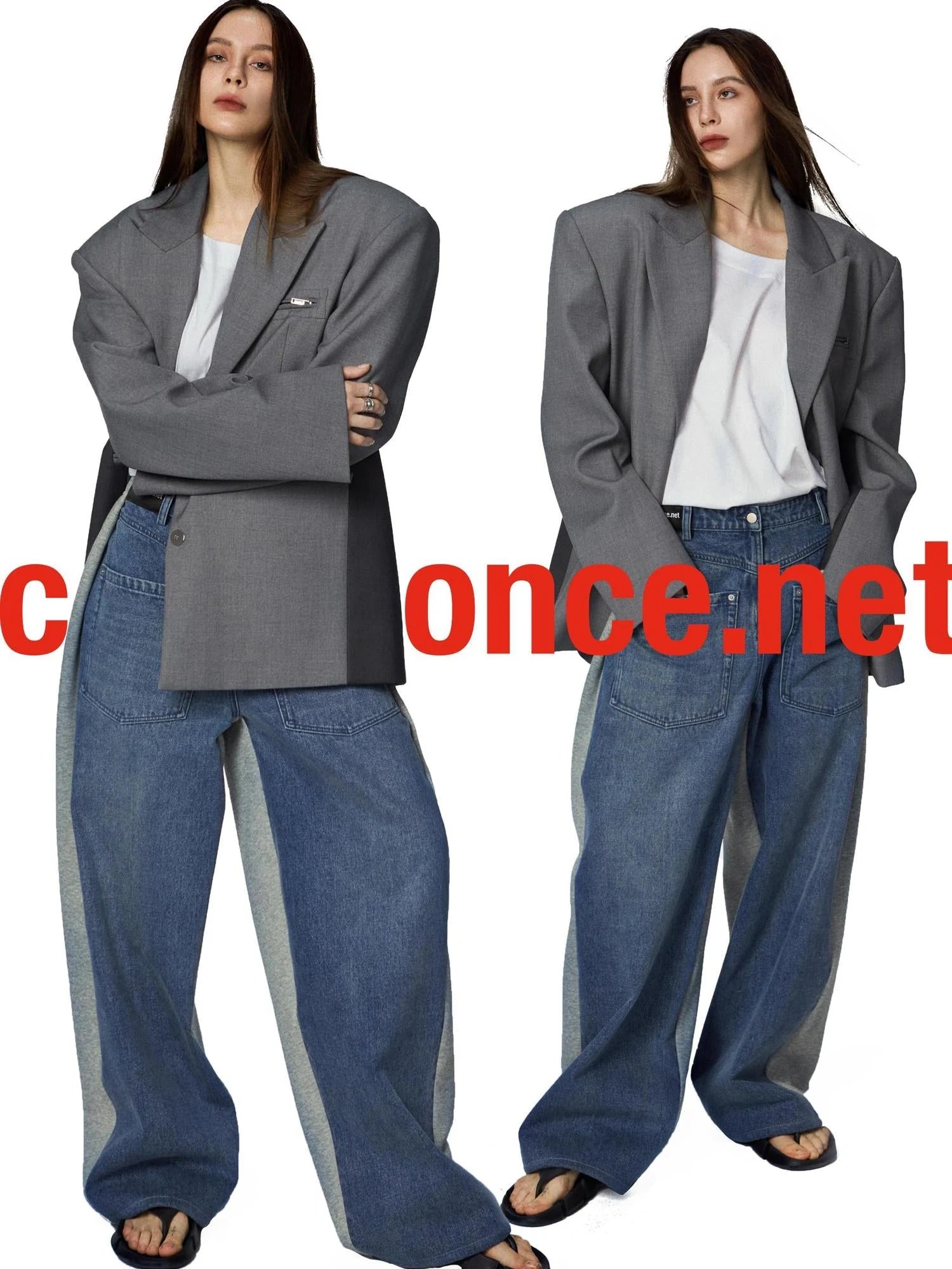 Washed Denim Patchwork Jogger Pants In Blue And Grey