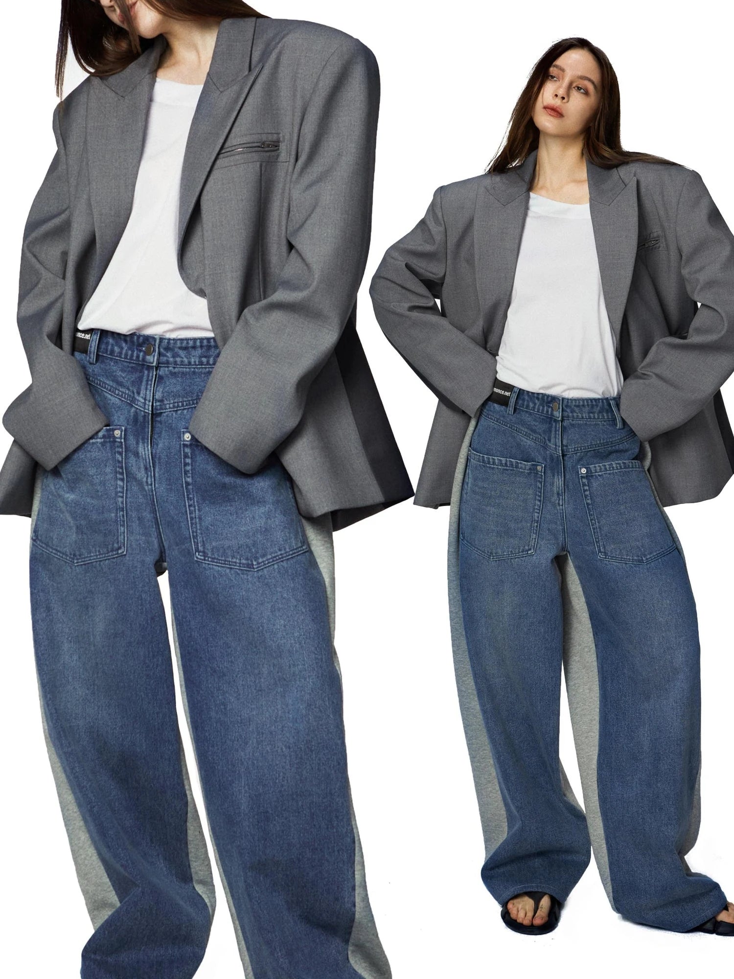 Washed Denim Patchwork Jogger Pants In Blue And Grey