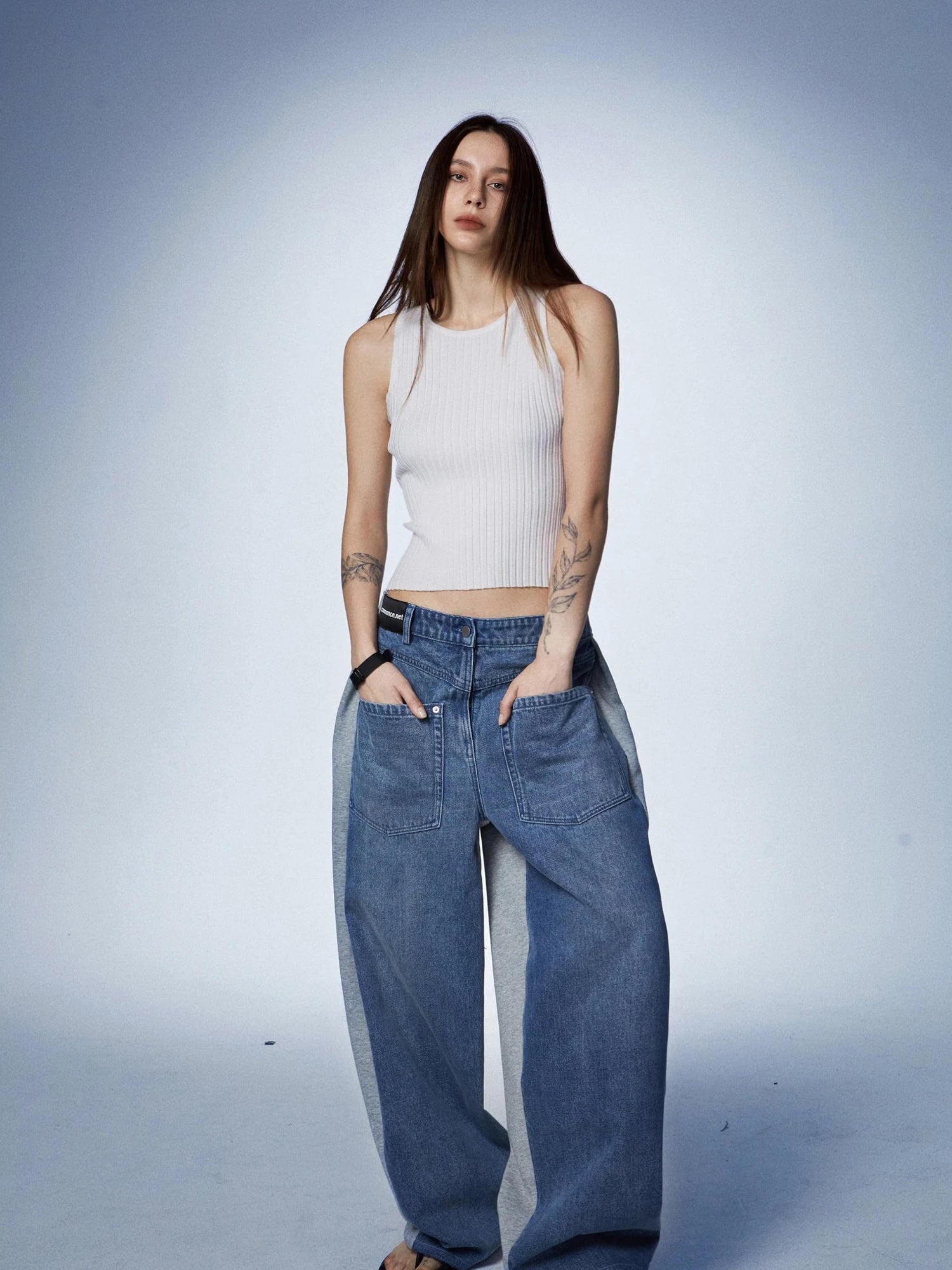 Washed Denim Patchwork Jogger Pants In Blue And Grey