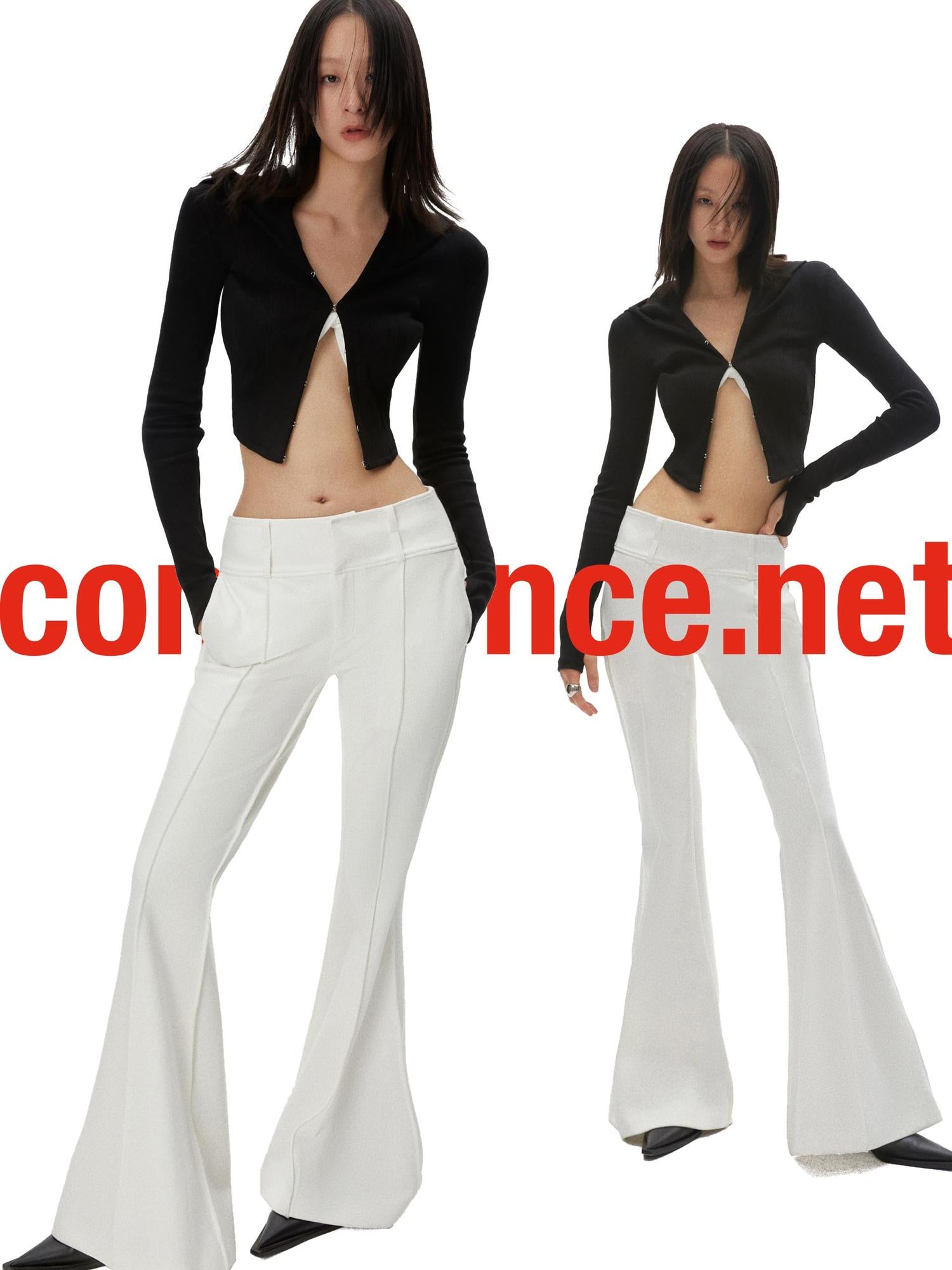 commonce.net White Flared Split Waistband Floor Length Knit Bell Bottom Pants