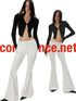 commonce.net White Flared Split Waistband Floor Length Knit Bell Bottom Pants