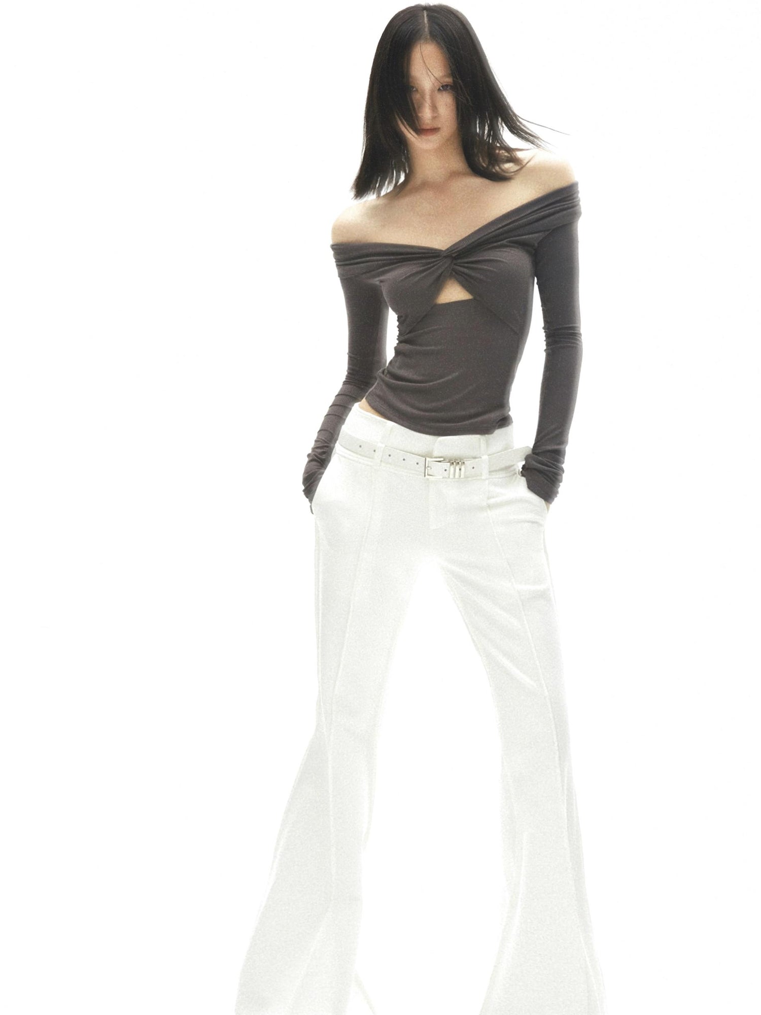 commonce.net White Flared Split Waistband Floor Length Knit Bell Bottom Pants